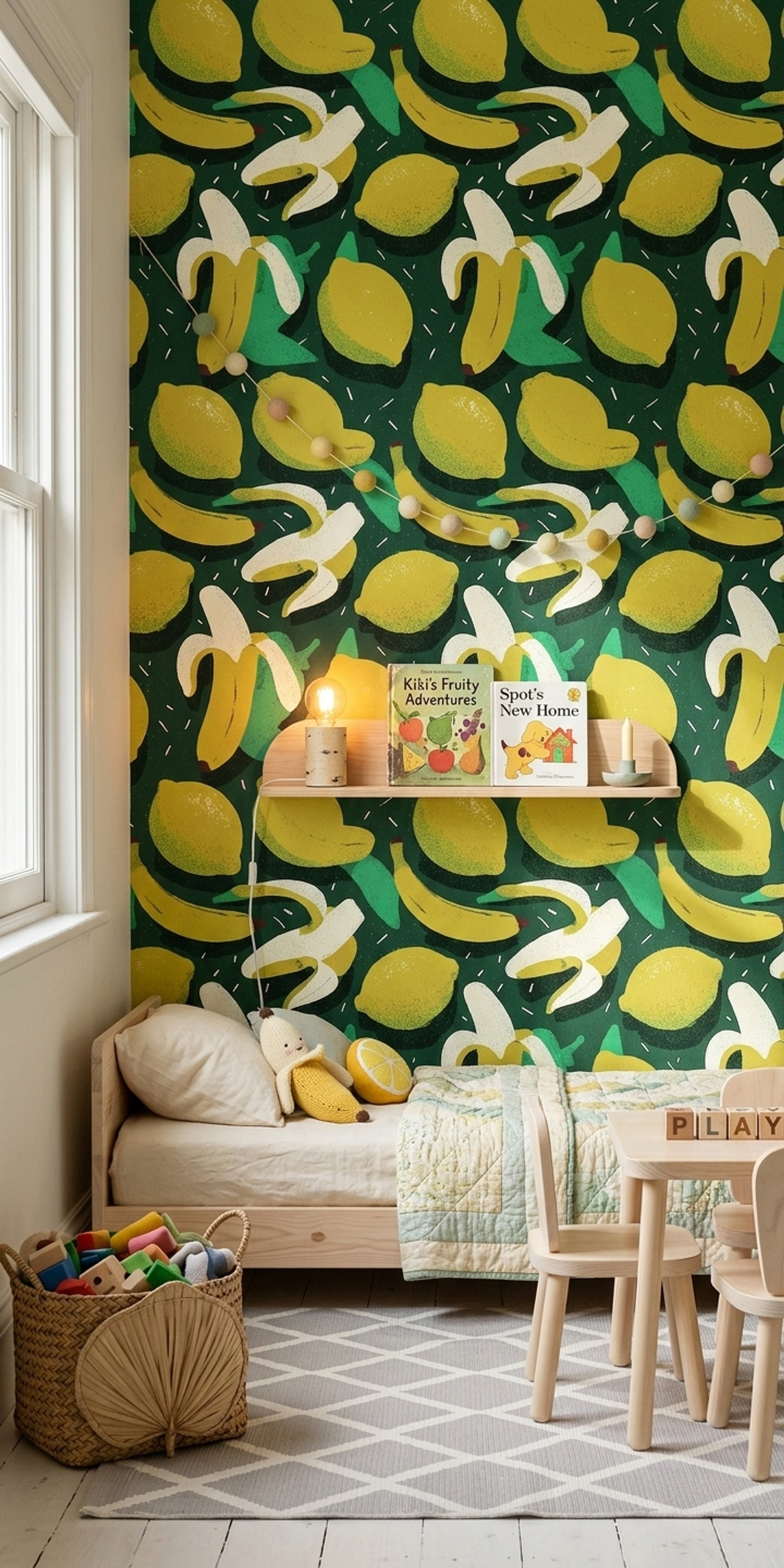 Muz ve Limon Desenli Duvar Kağıdı Yeşil Çocuk Odası
