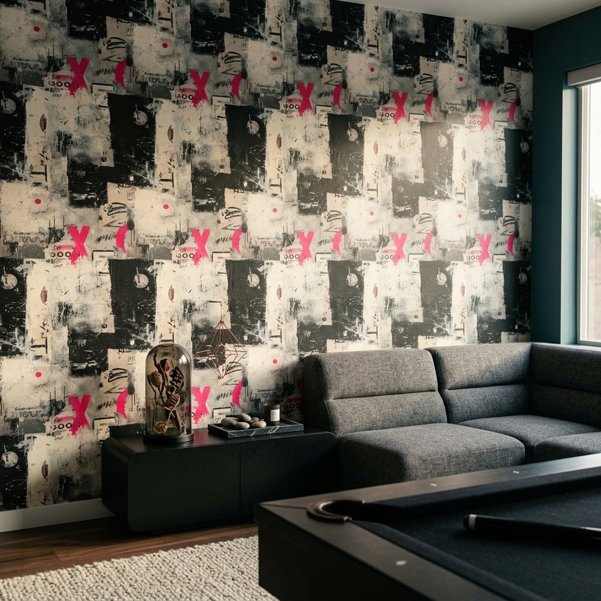 Graffiti Kolaj Desenli Duvar Kağıdı Siyah Gri Salon