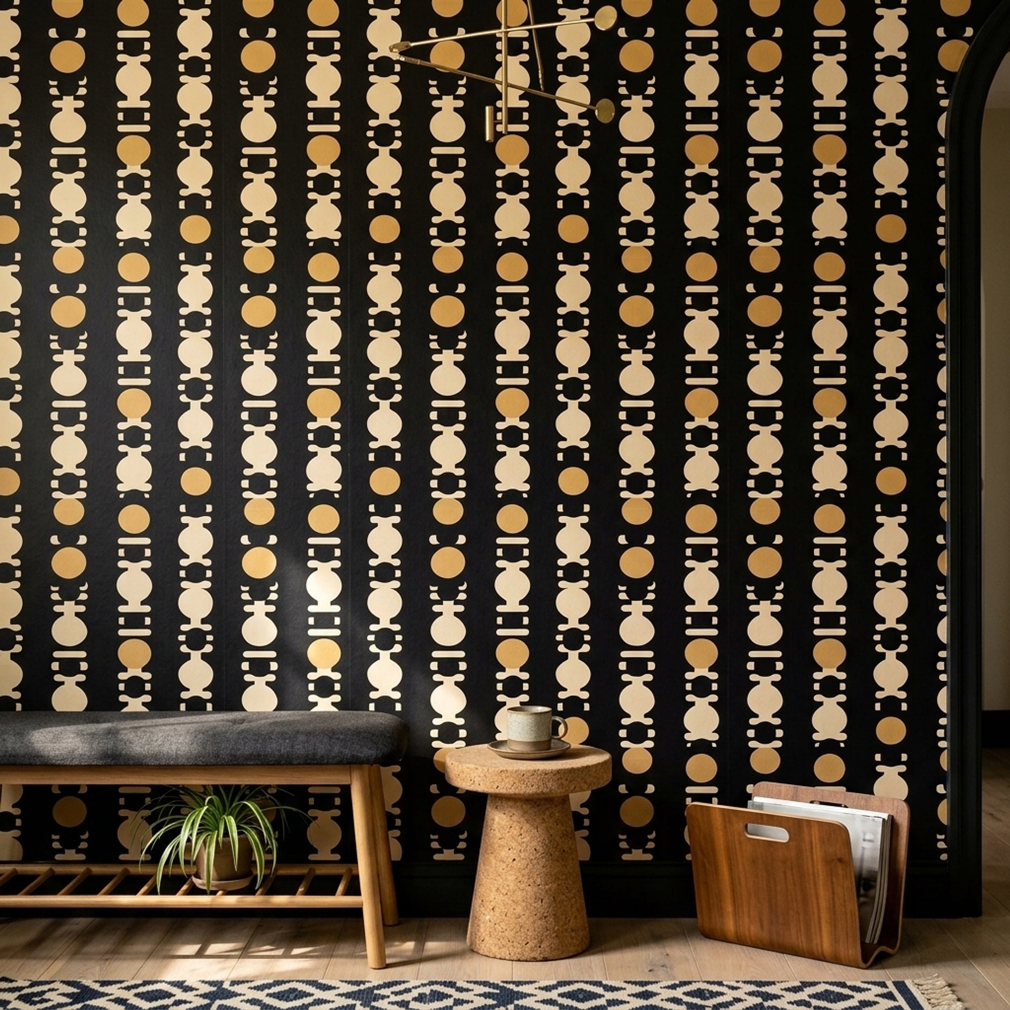 Geometrik Sıralı Motifli Duvar Kağıdı Siyah Bej Modern