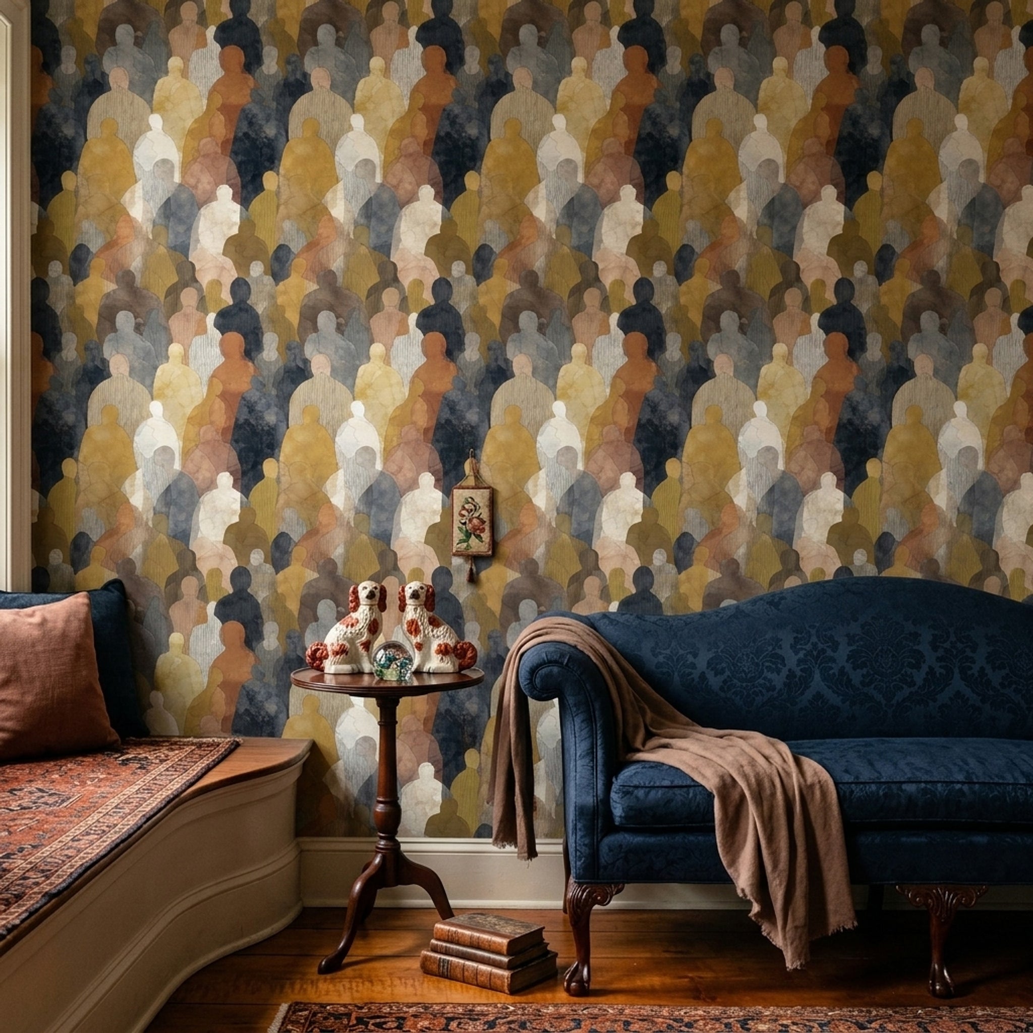 Soyut İnsan Silüetli Duvar Kağıdı Hardal Lacivert Salon