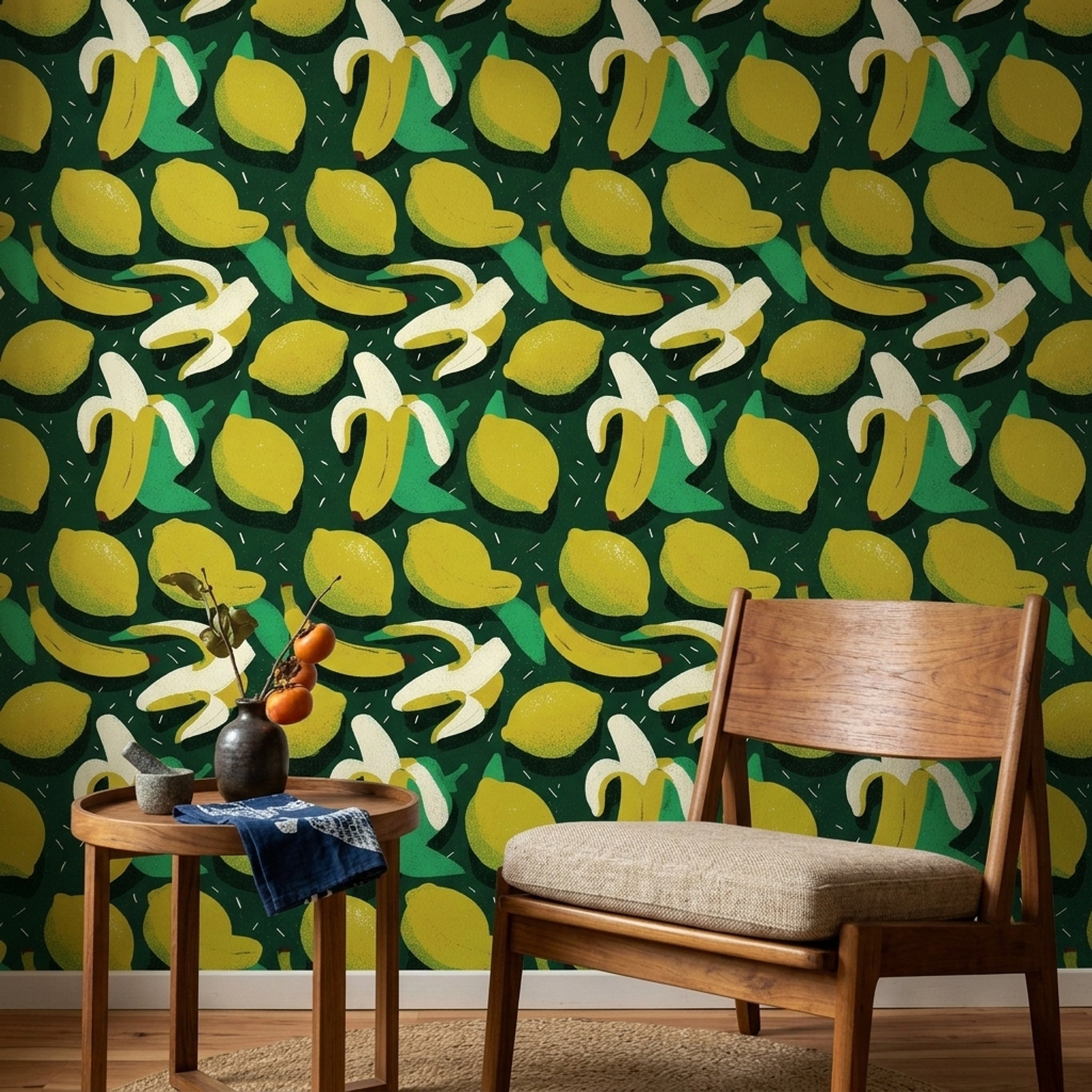Muz ve Limon Desenli Duvar Kağıdı Yeşil Çocuk Odası