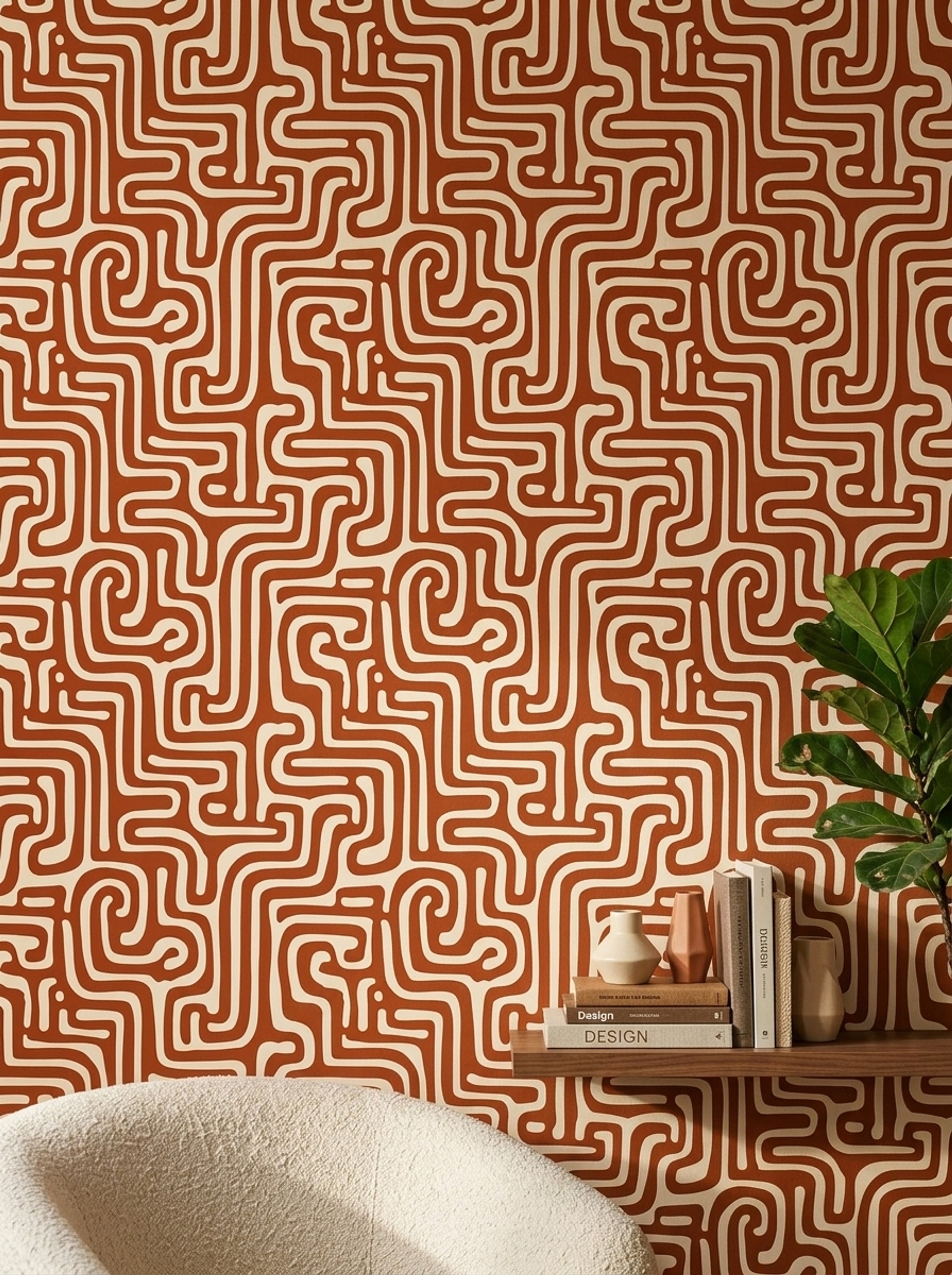 Retro Geometrik Duvar Kağıdı Kiremit Beyaz Kıvrımlı Desen