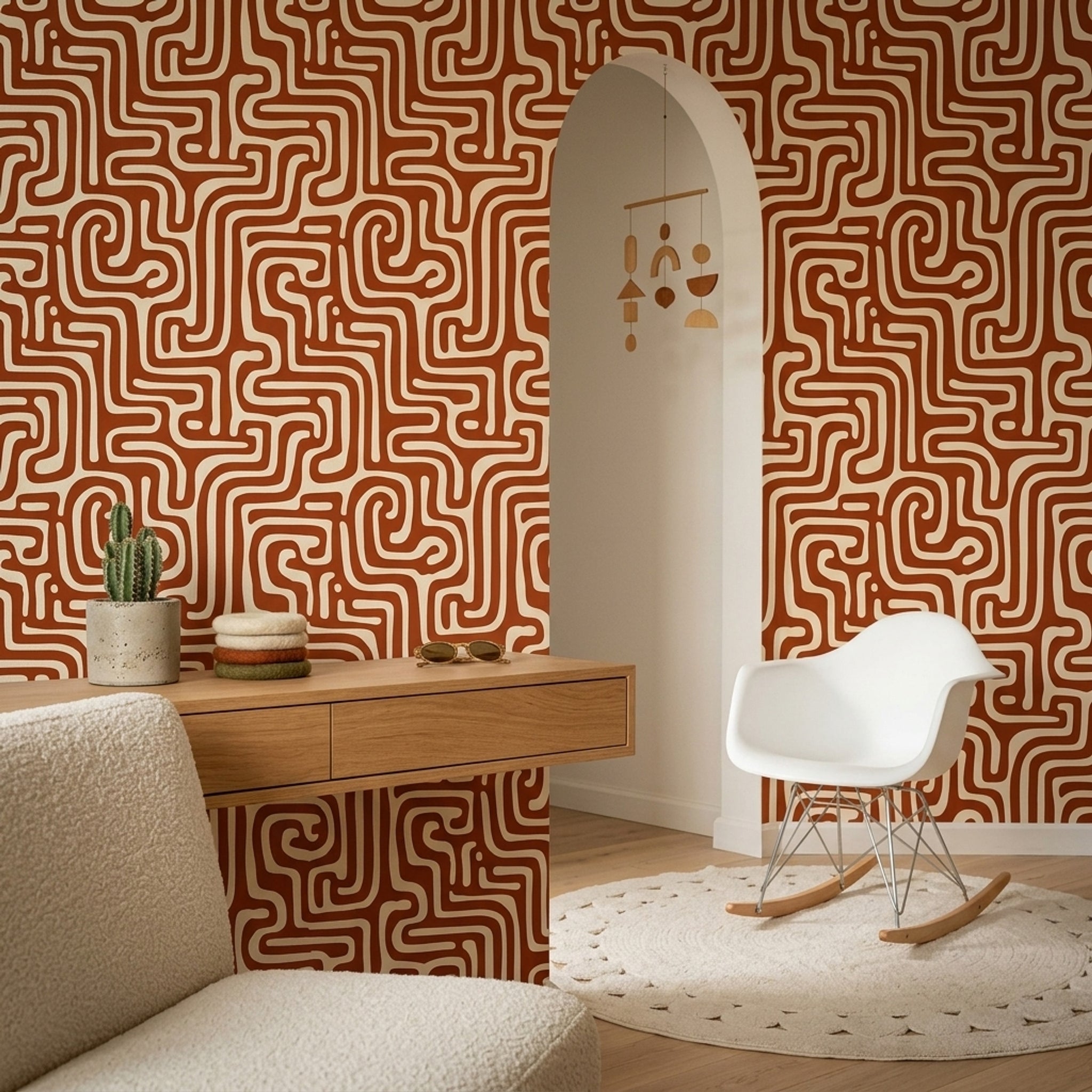 Retro Geometrik Duvar Kağıdı Kiremit Beyaz Kıvrımlı Desen