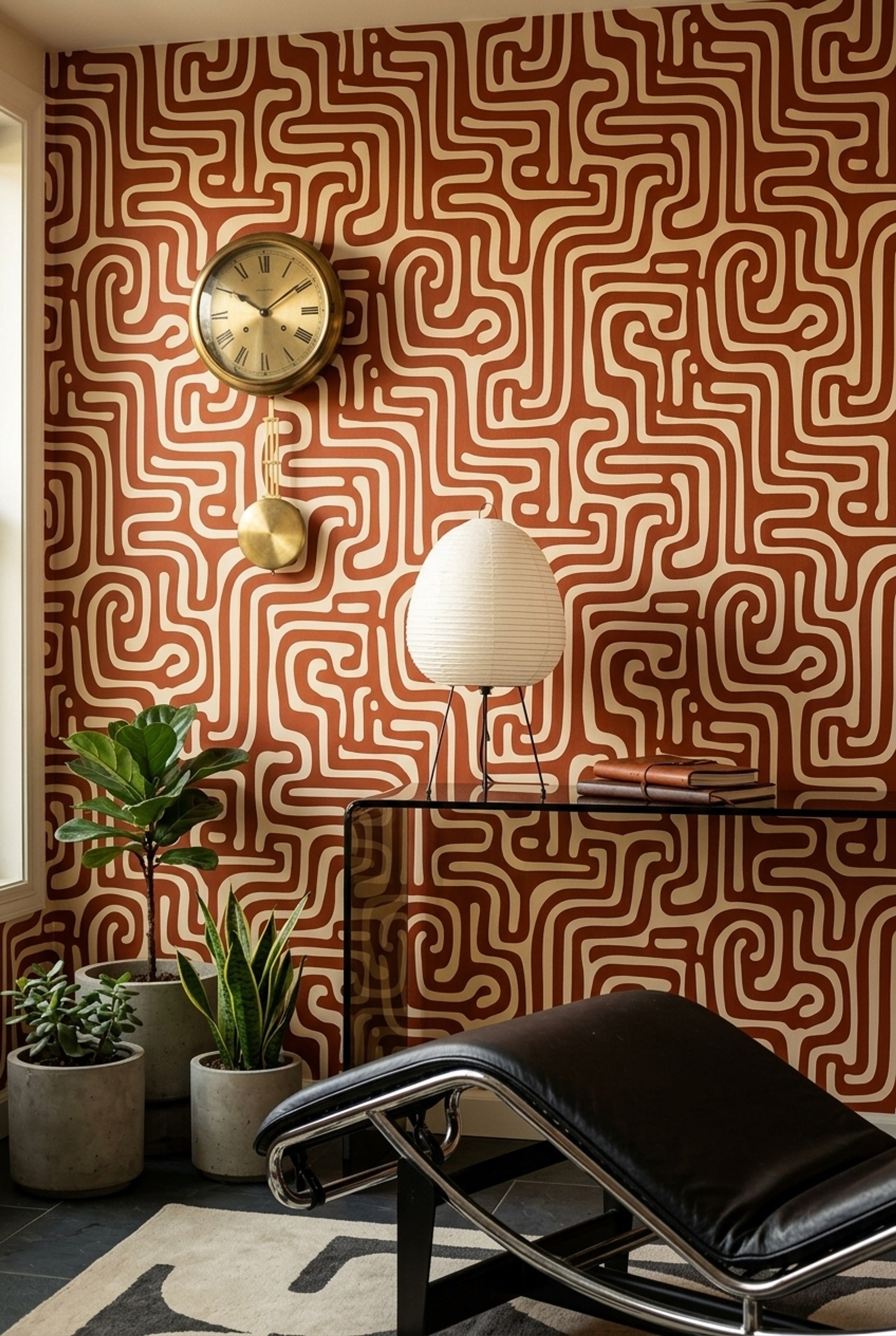 Retro Geometrik Duvar Kağıdı Kiremit Beyaz Kıvrımlı Desen