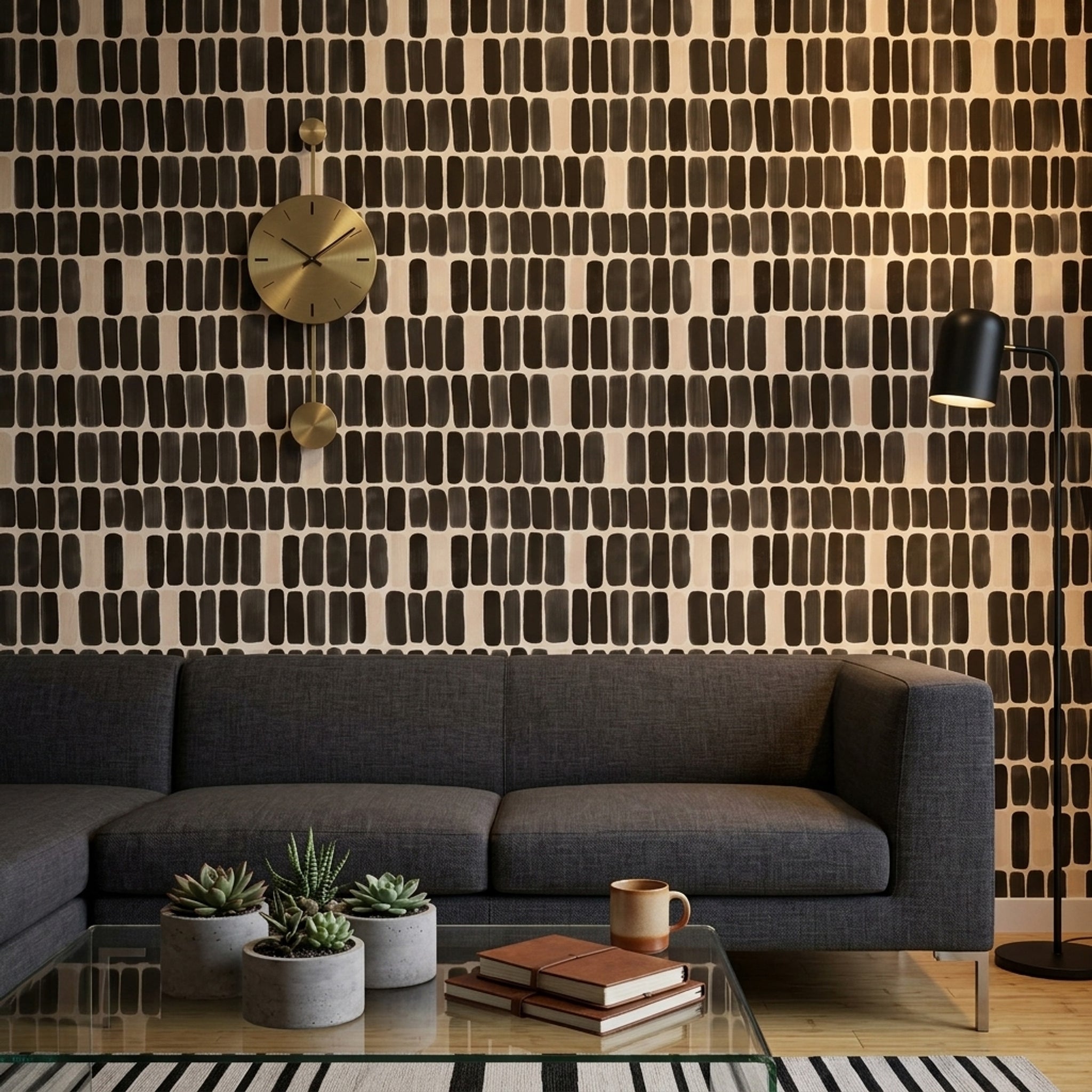 Siyah Fırça Darbeli Duvar Kağıdı Modern Geometrik Salon