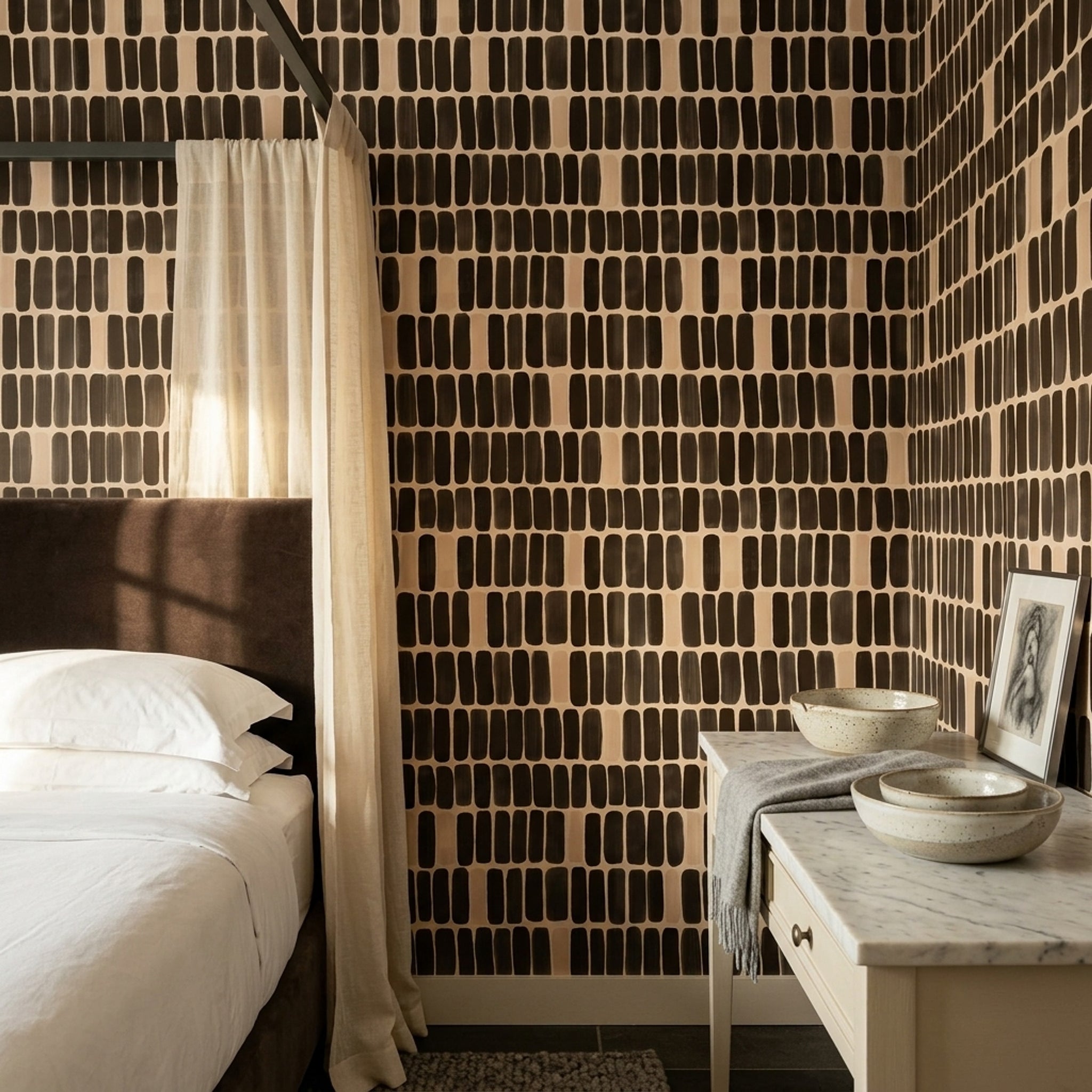 Siyah Fırça Darbeli Duvar Kağıdı Modern Geometrik Salon