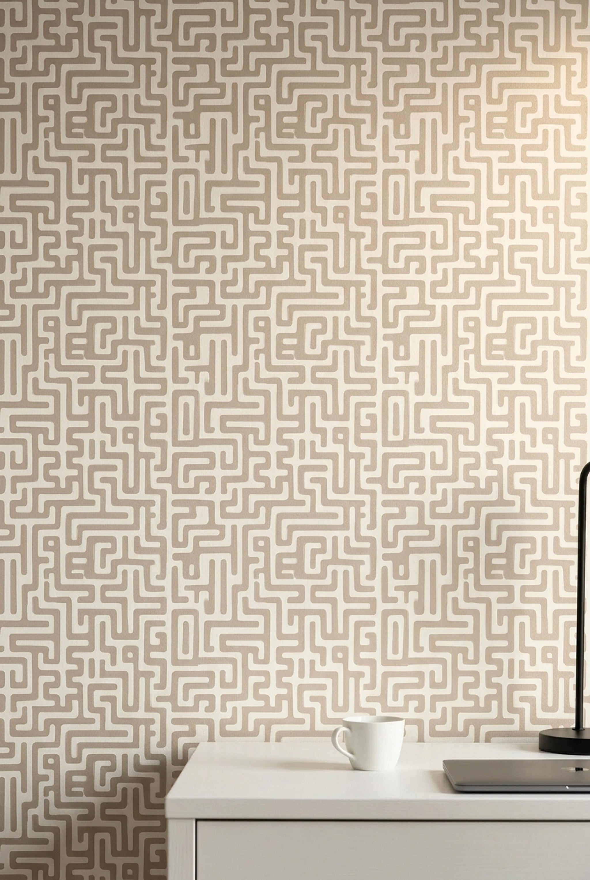 Geometrik Labirent Desenli Duvar Kağıdı Bej Gri Modern