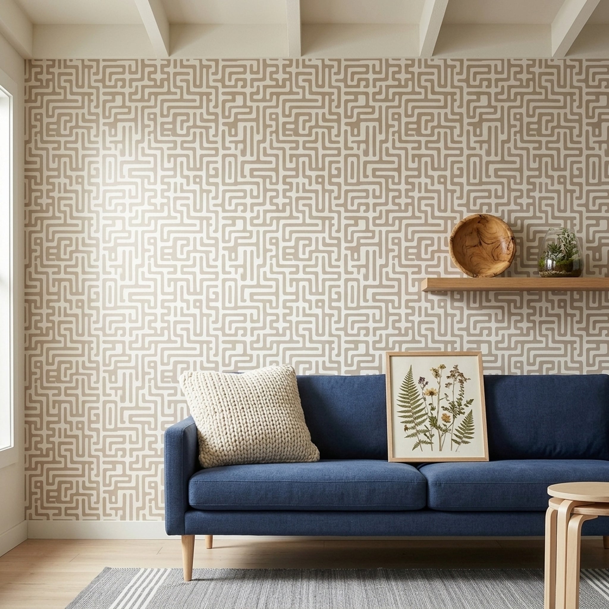 Geometrik Labirent Desenli Duvar Kağıdı Bej Gri Modern