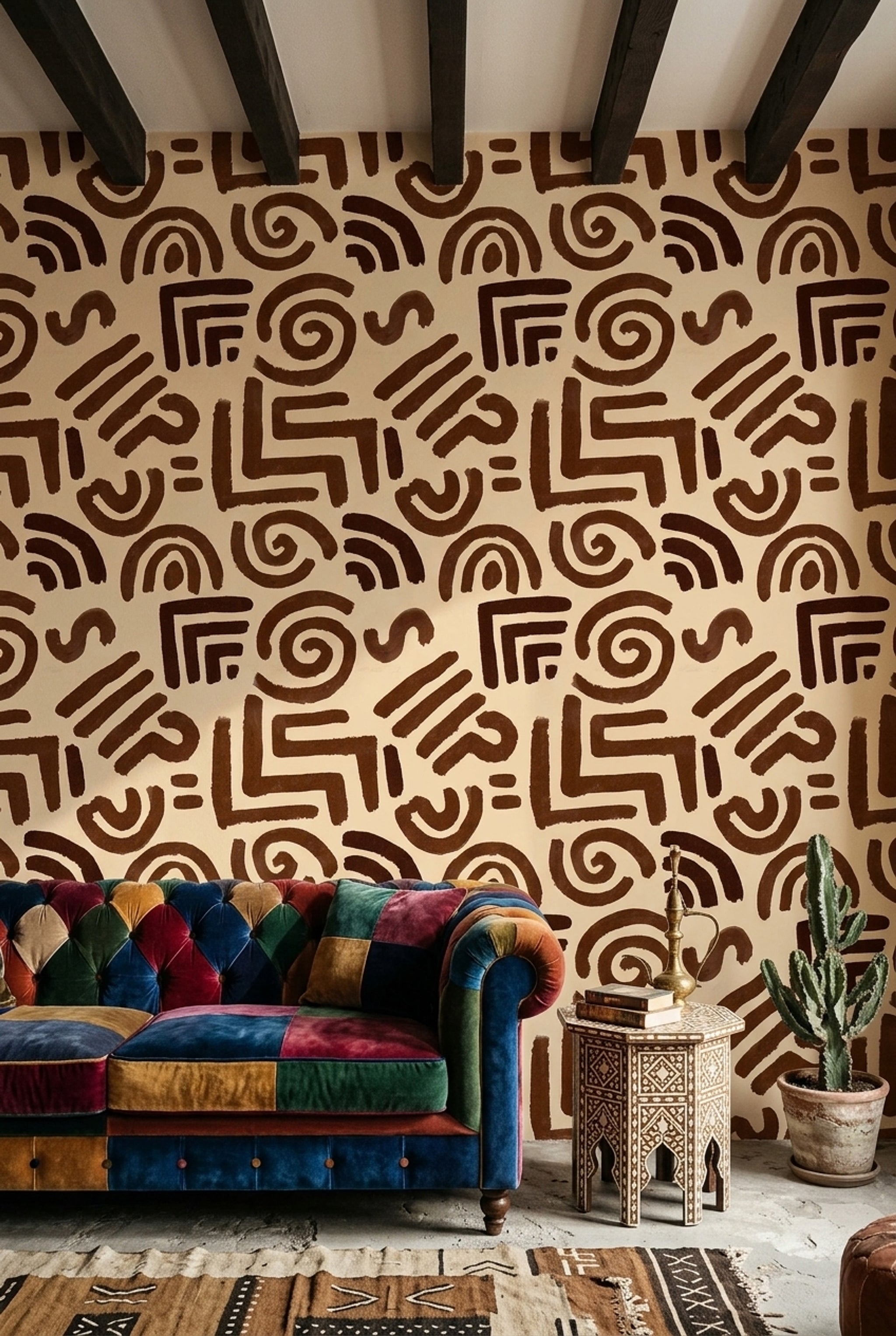 Soyut Geometrik Duvar Kağıdı Kahverengi Krem Desenli Salon