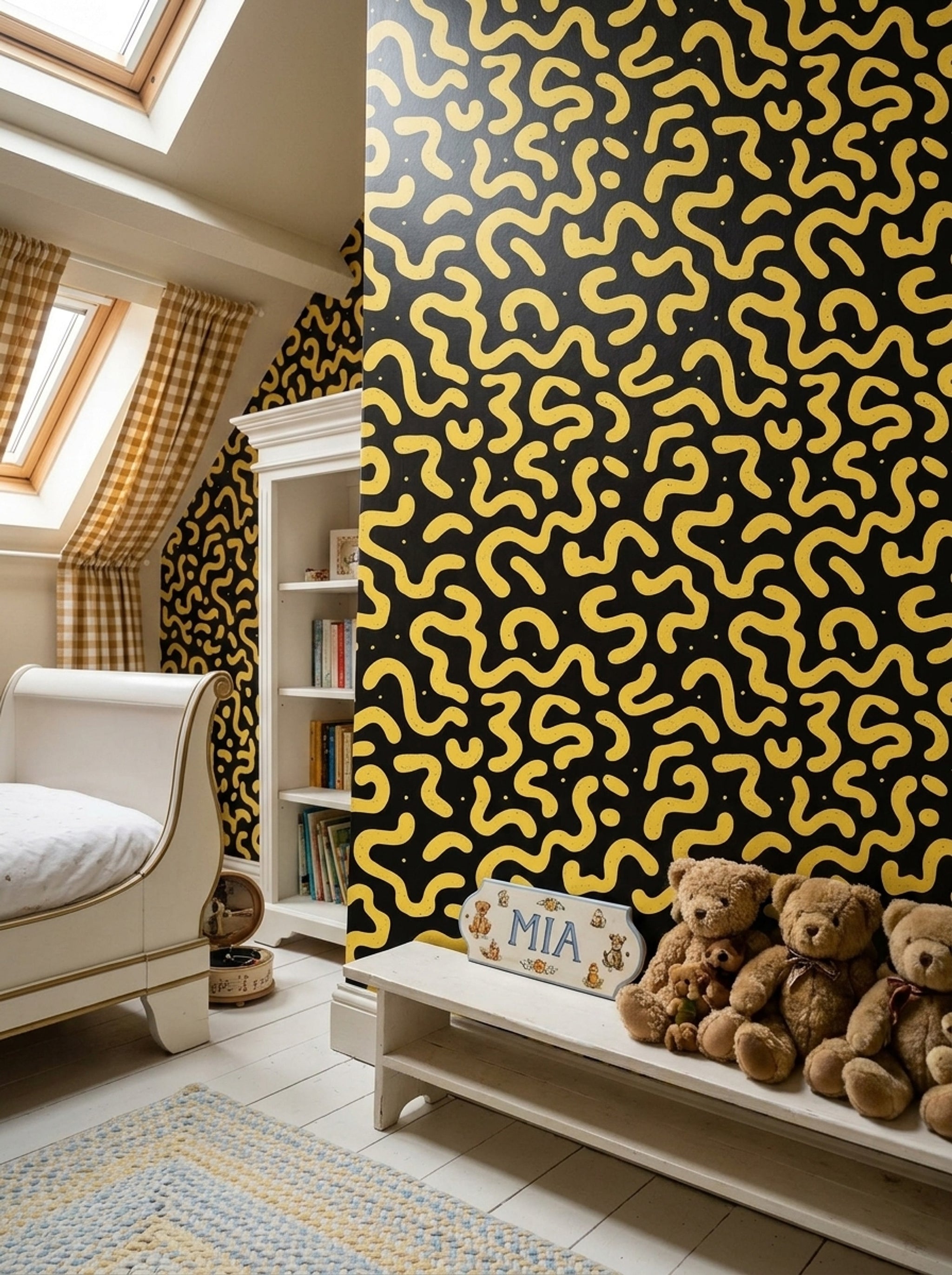 Sarı Siyah Soyut Desenli Duvar Kağıdı Modern Salon