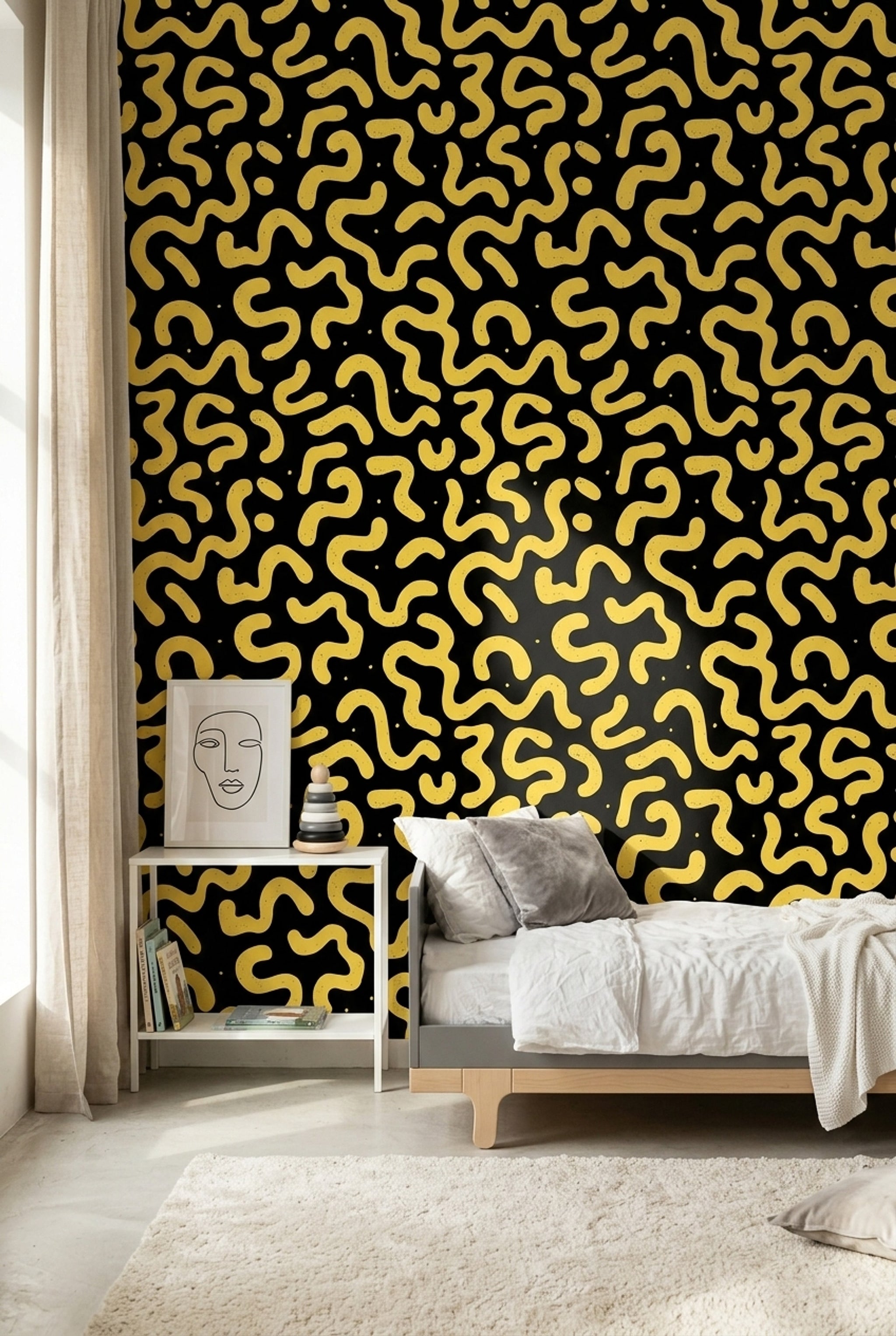 Sarı Siyah Soyut Desenli Duvar Kağıdı Modern Salon