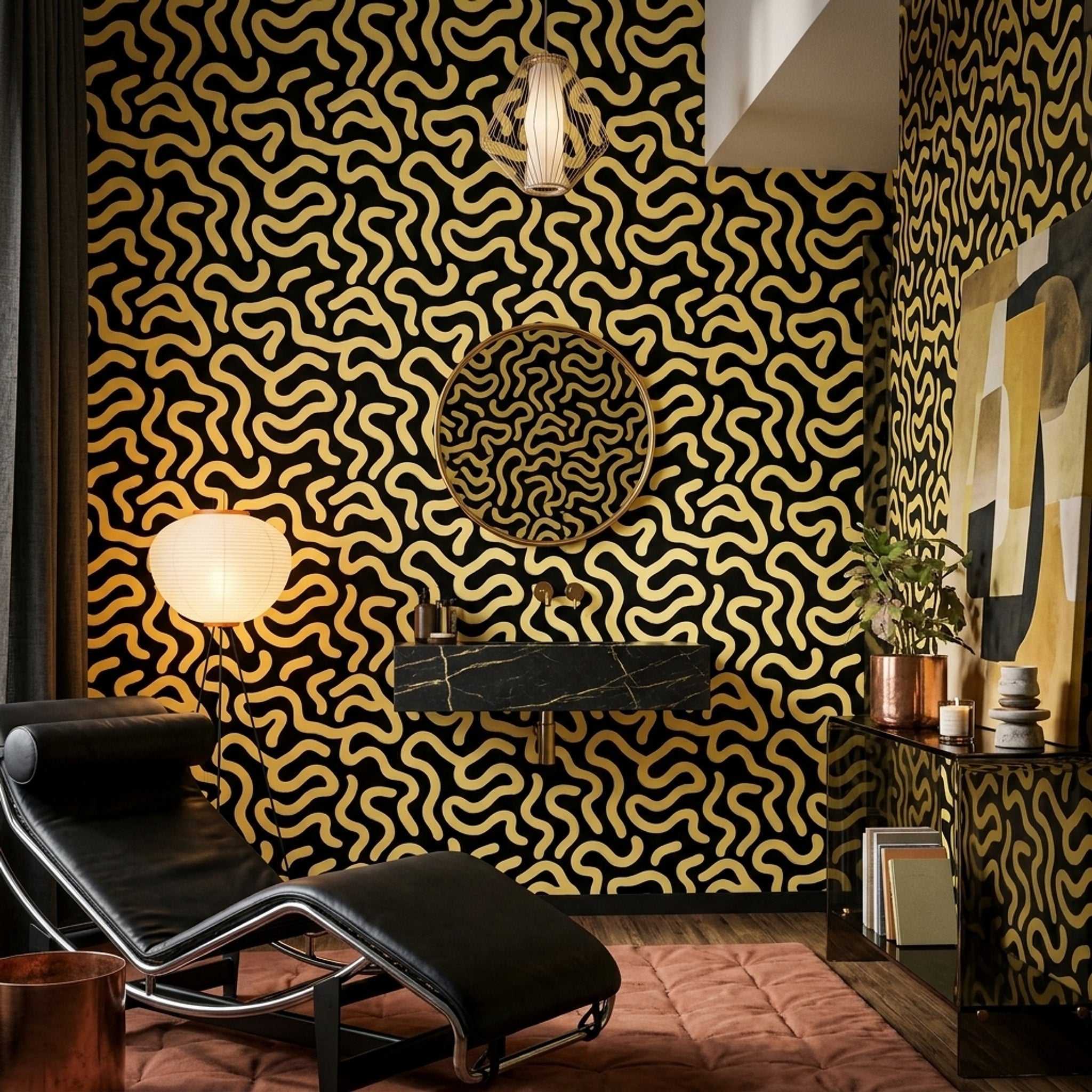Sarı Siyah Kıvrımlı Soyut Duvar Kağıdı Modern Salon