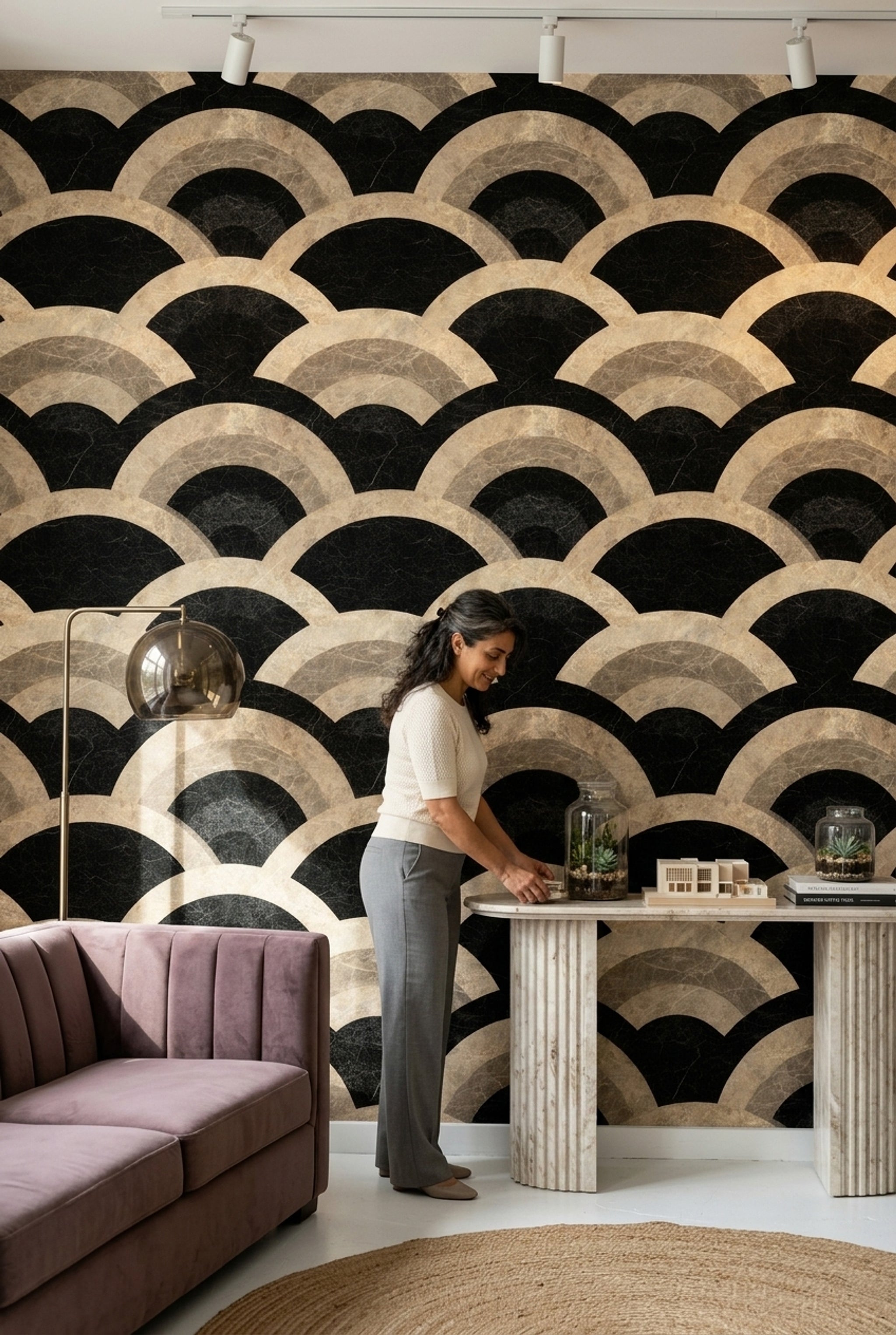 Art Deco Kemer Desenli Duvar Kağıdı Siyah Bej Salon