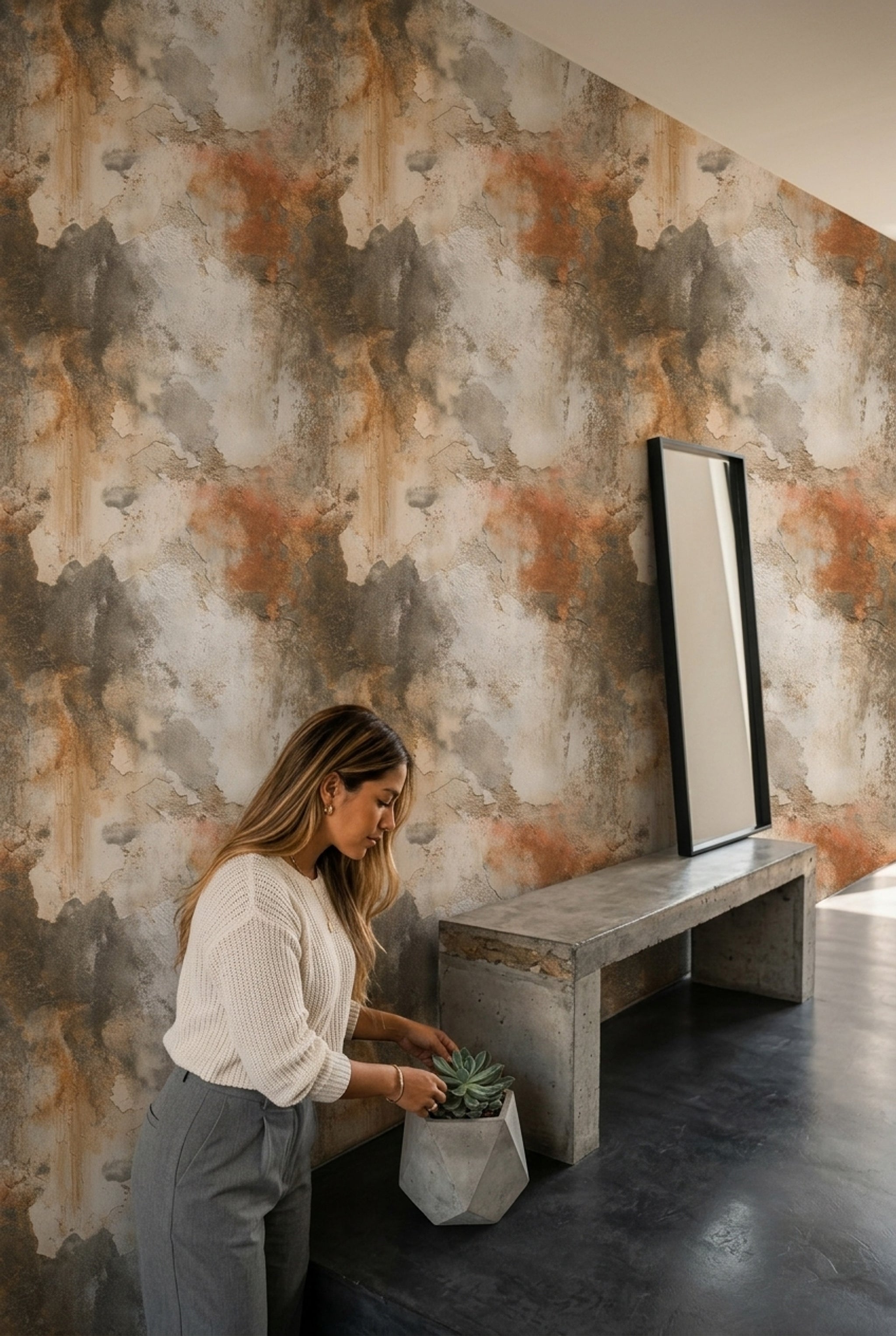 Soyut Bulut Desenli Duvar Kağıdı Bej Turuncu Salon