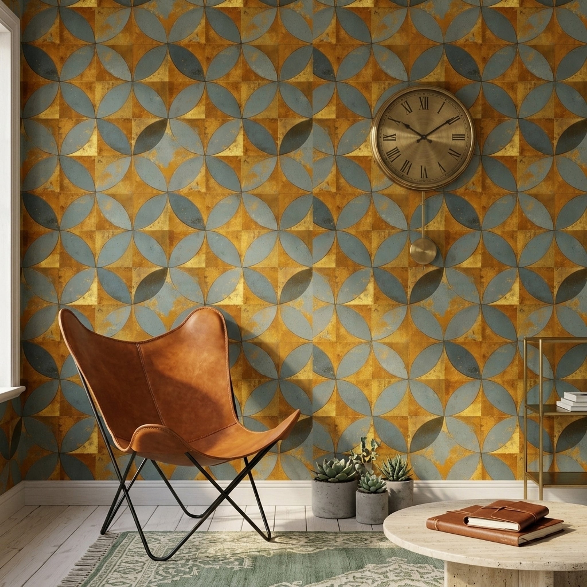 Geometrik Daire Motifli Duvar Kağıdı Mavi Hardal Salon