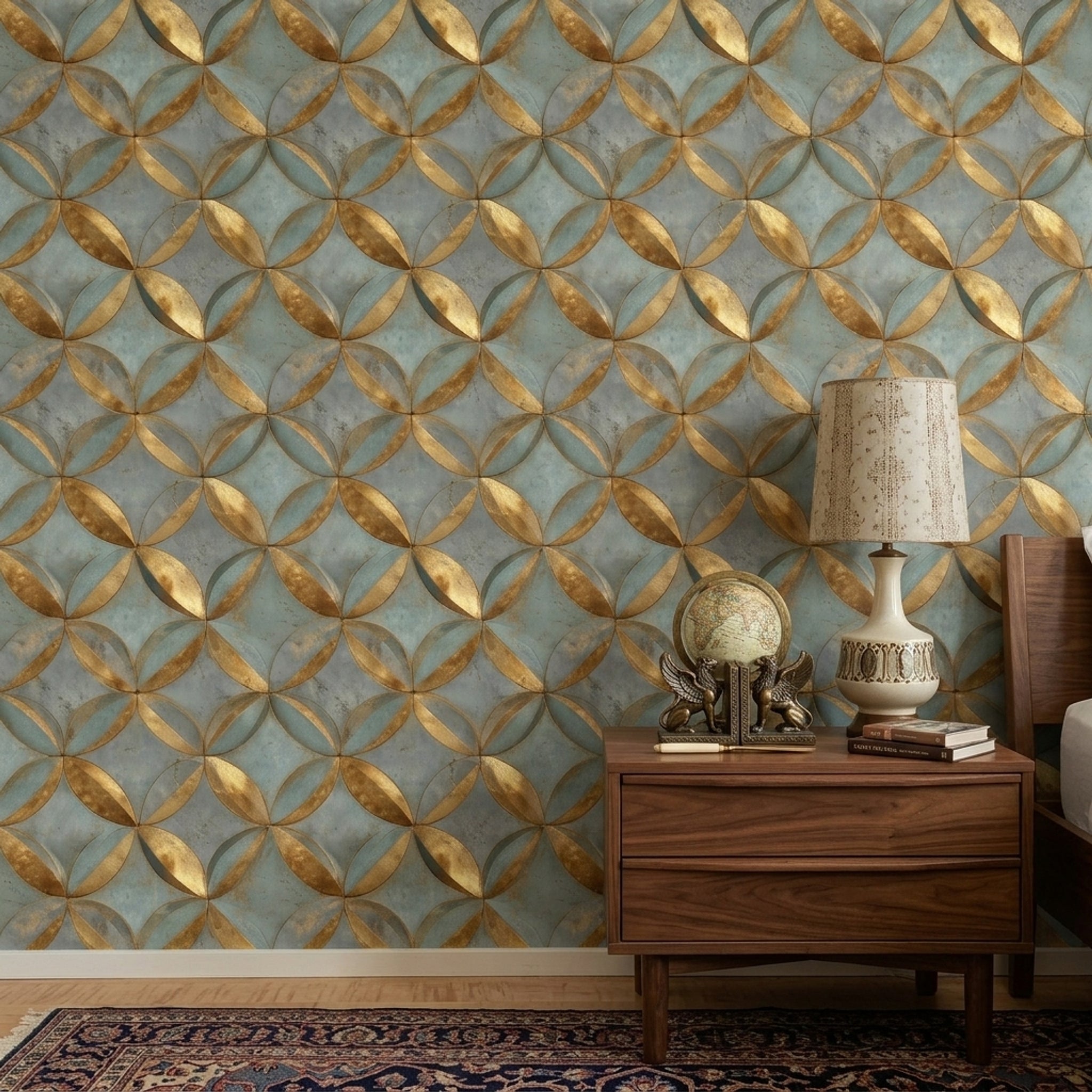Geometrik Halkalı Duvar Kağıdı Mavi Altın Modern Salon