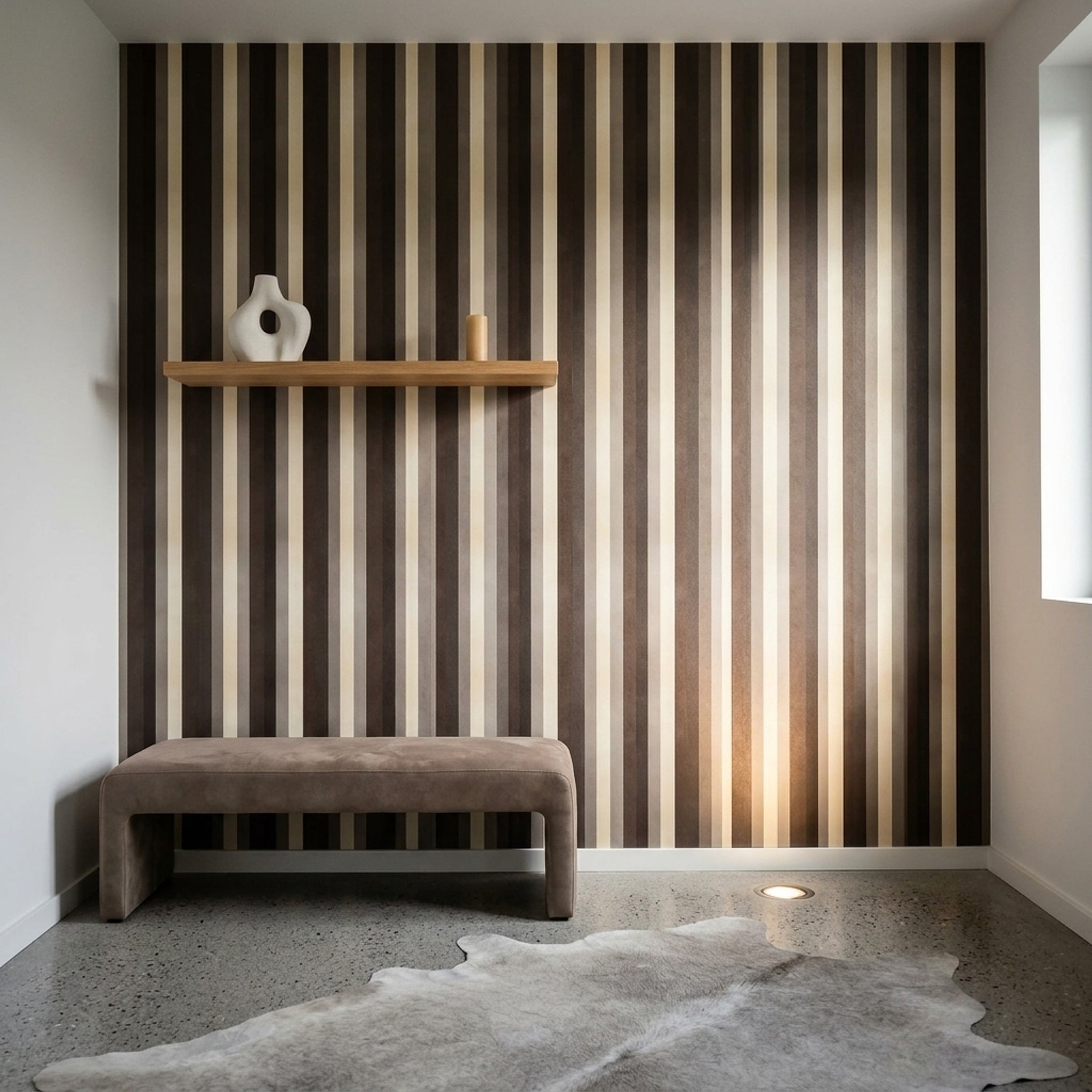 Dikey Çizgili Duvar Kağıdı Bej Kahverengi Modern Salon