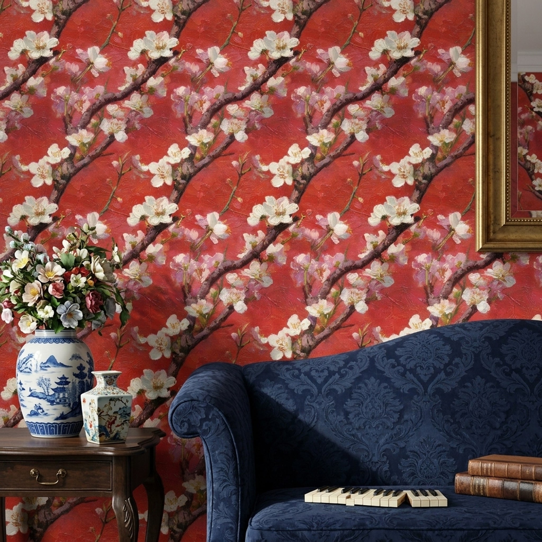 Kırmızı Zeminli Sakura Çiçekli Duvar Kağıdı Salon Dekoru