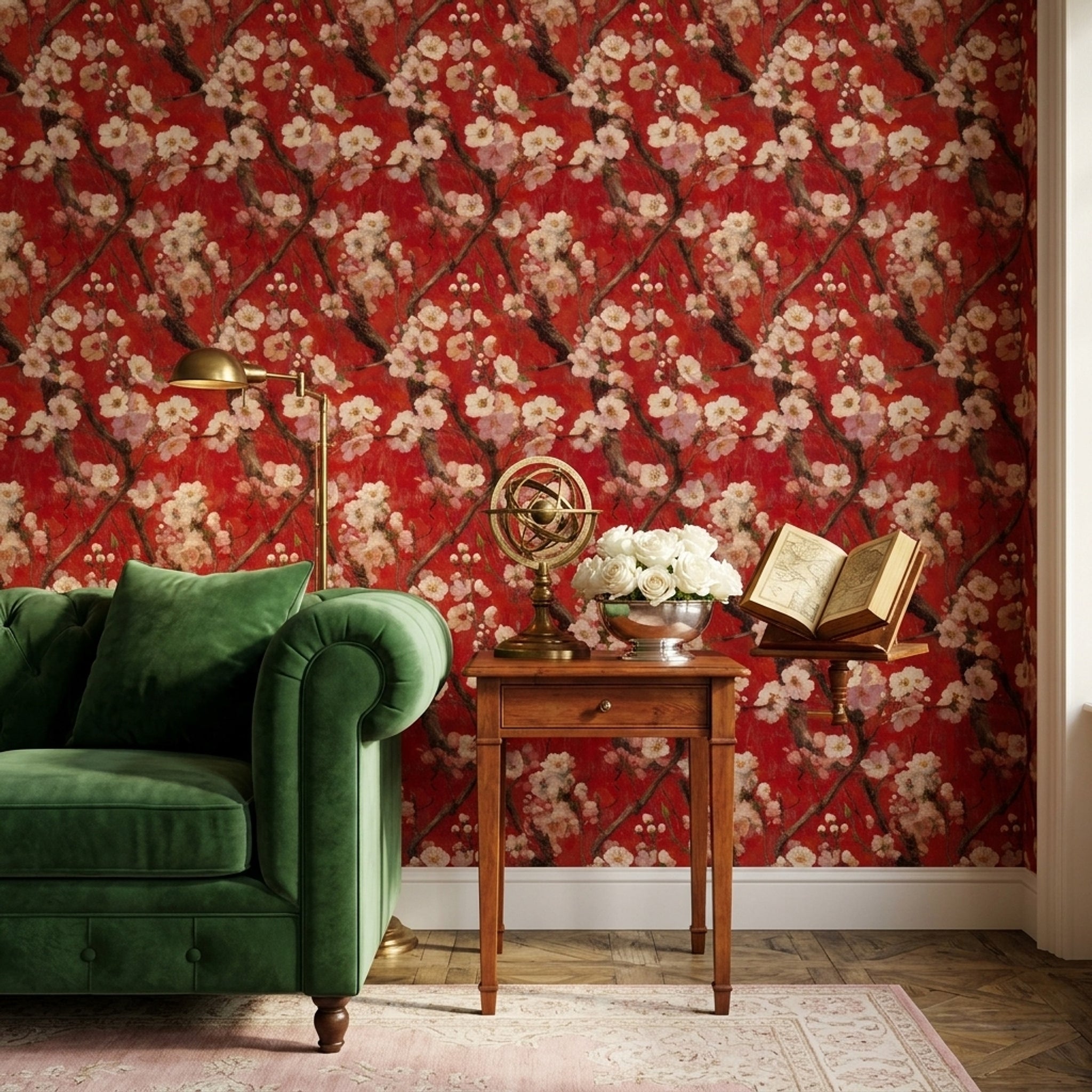 Kiraz Çiçekli Duvar Kağıdı Kırmızı Japon Desenli Salon