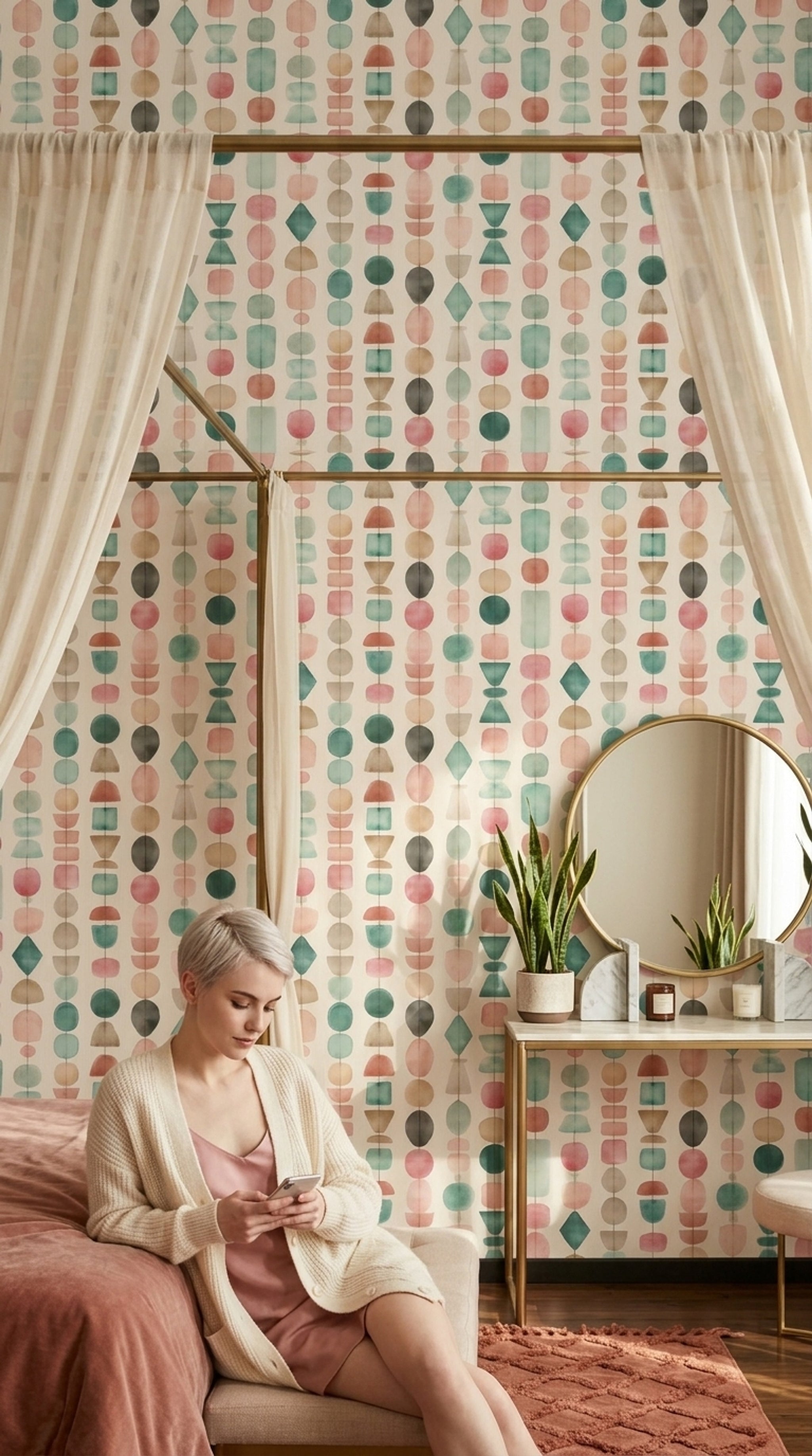 Geometrik Şekilli Duvar Kağıdı Pastel Renkli Modern Salon