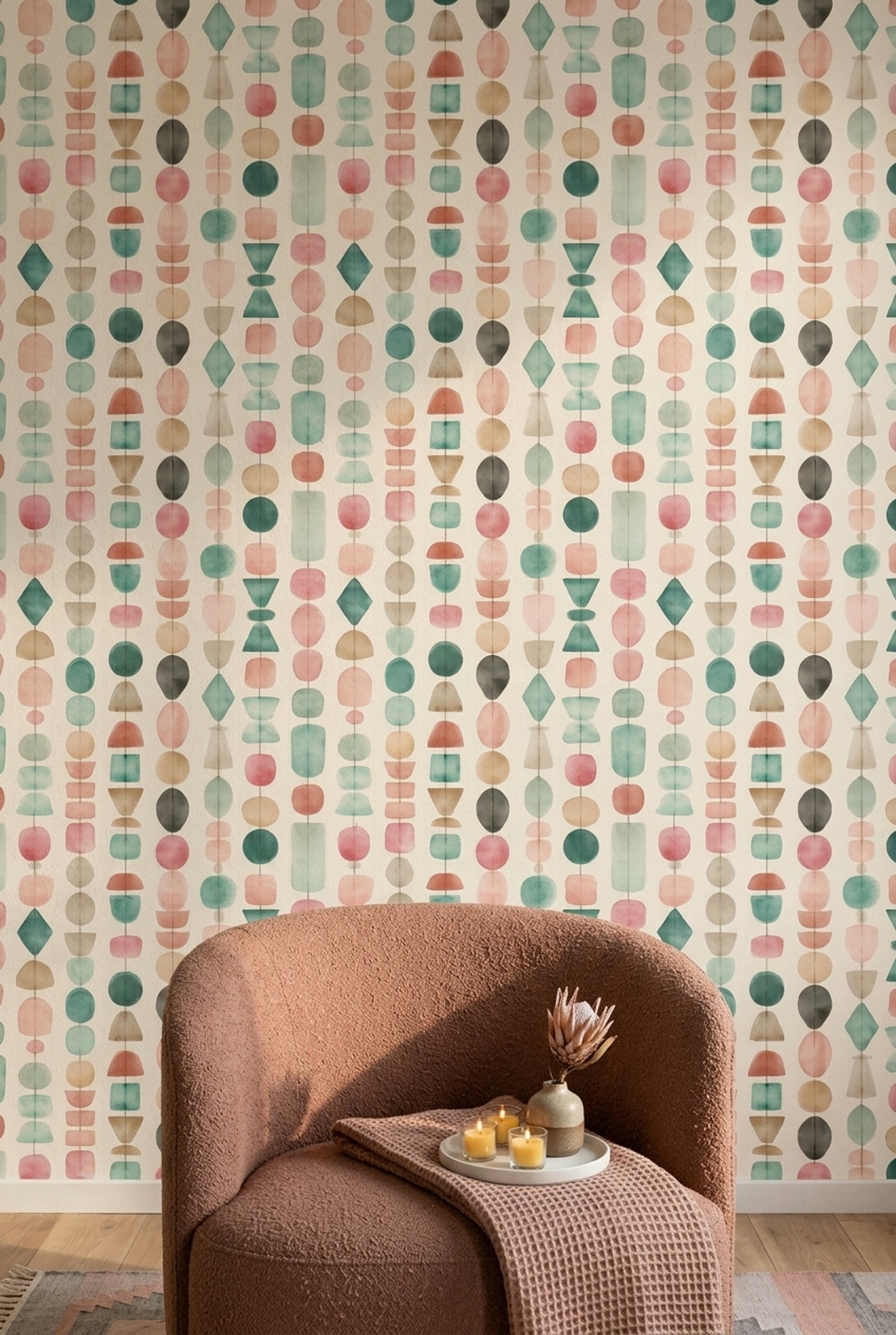Geometrik Şekilli Duvar Kağıdı Pastel Renkli Modern Salon