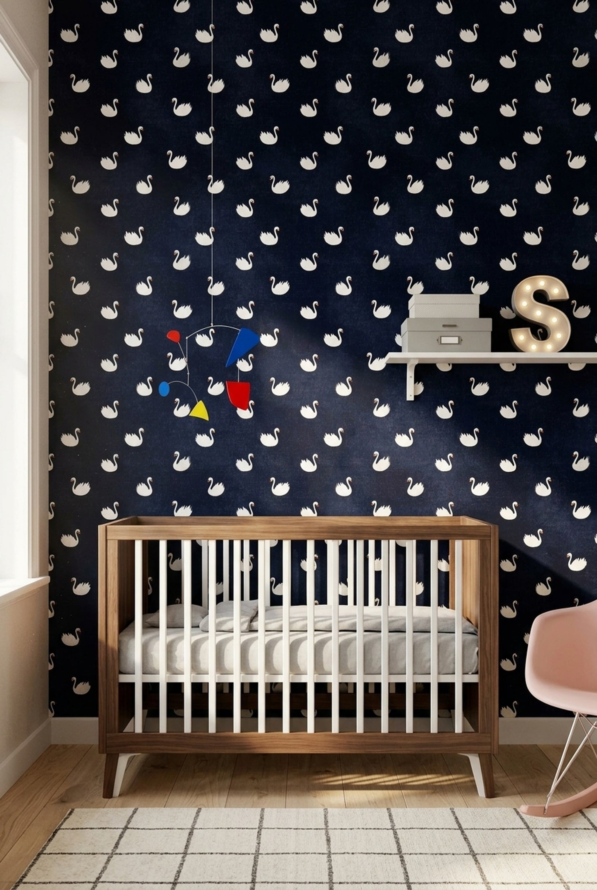 Kuğulu Duvar Kağıdı Lacivert Minimal Çocuk Odası Deseni