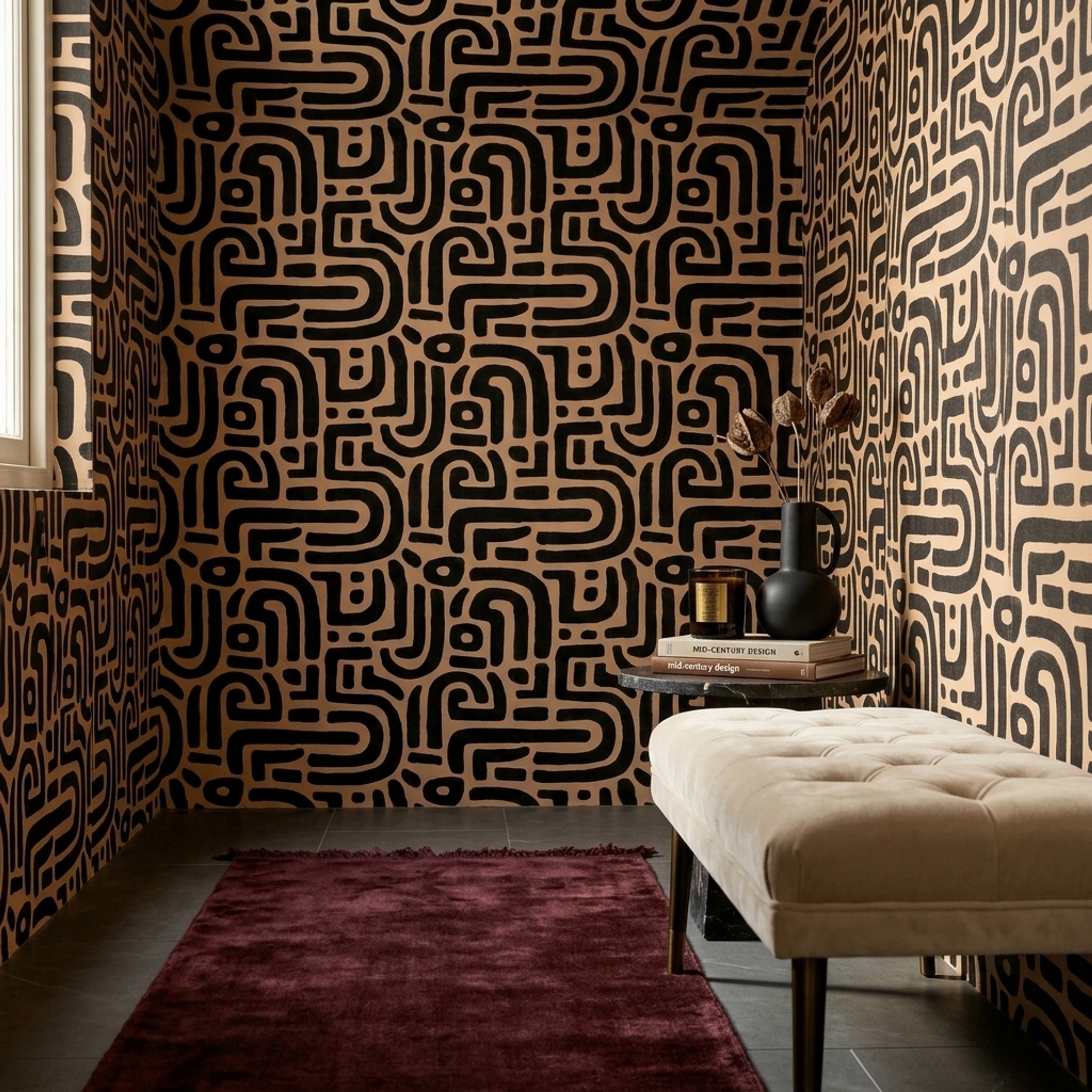 Geometrik Labirent Desenli Duvar Kağıdı Siyah Bej Salon
