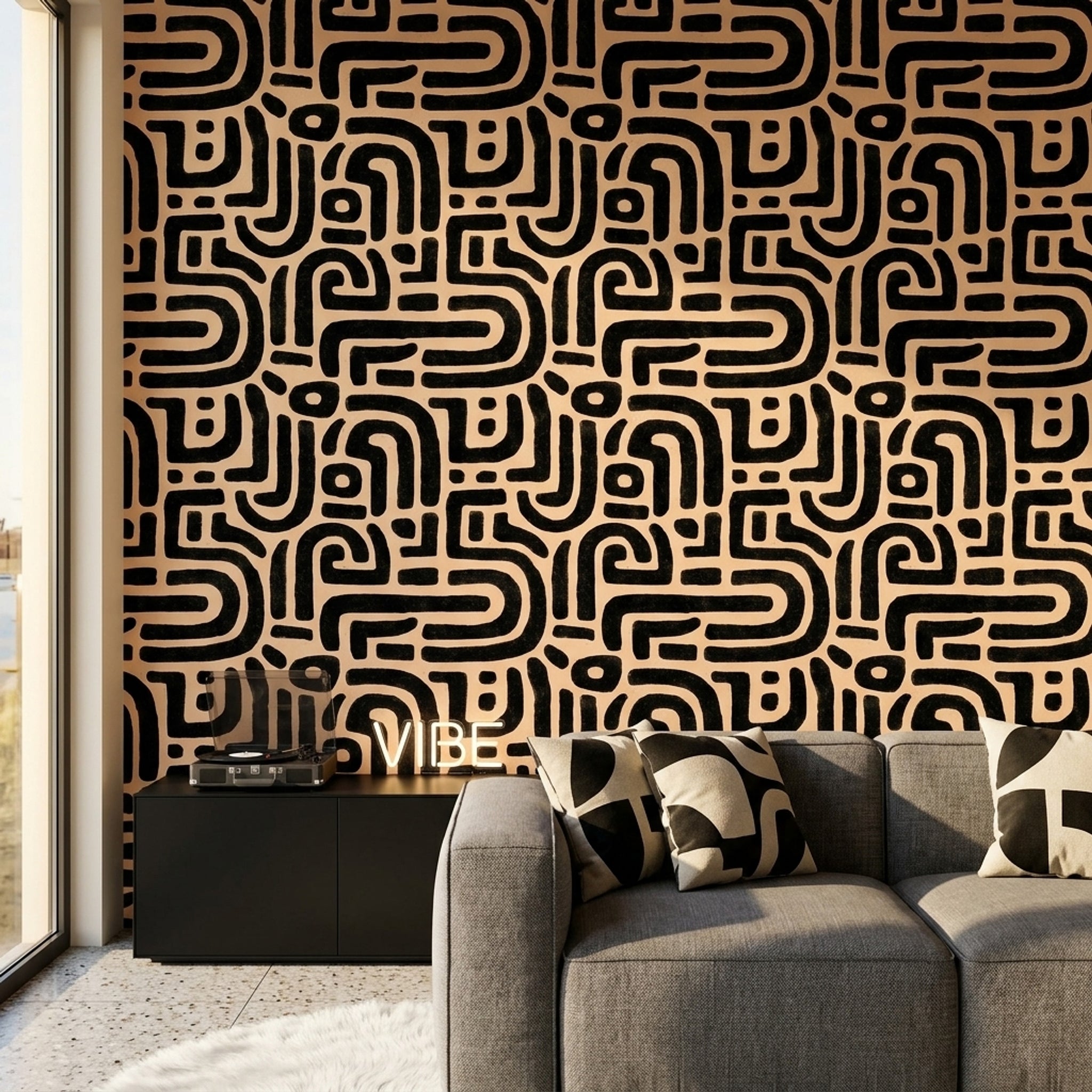 Geometrik Labirent Desenli Duvar Kağıdı Siyah Bej Salon
