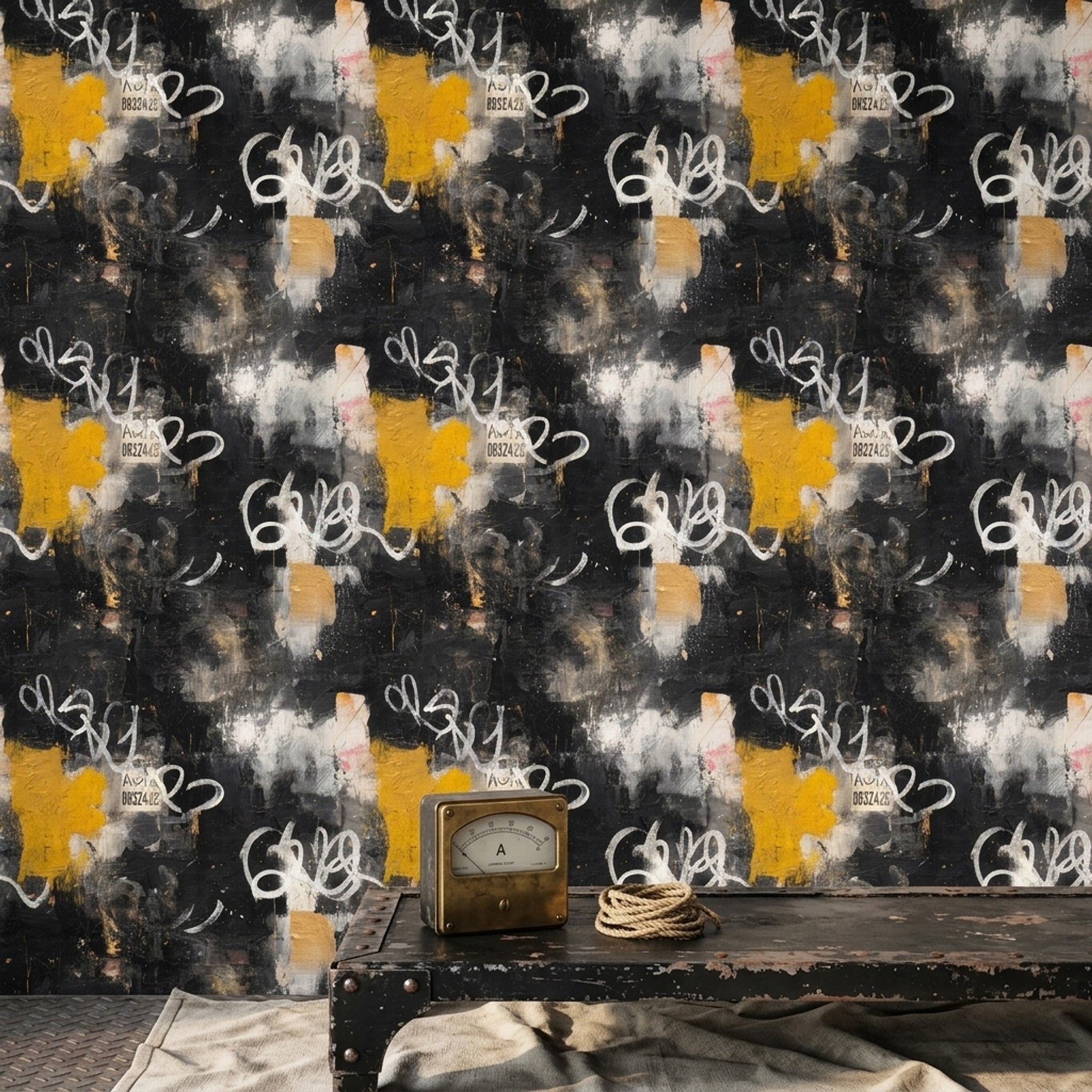Soyut Graffiti Duvar Kağıdı Siyah Sarı Modern Desenli