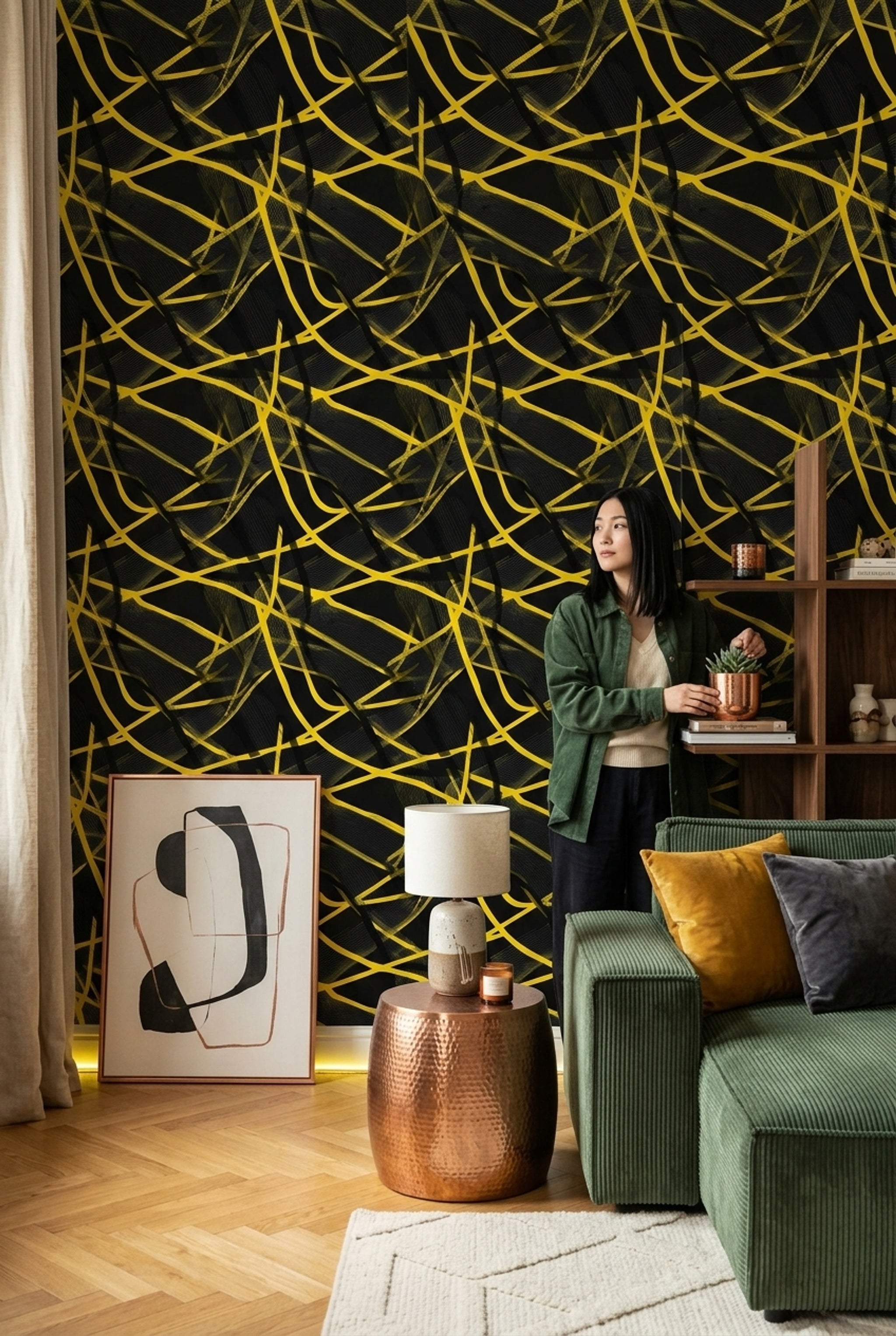 Siyah Altın Çizgili Geometrik Duvar Kağıdı Modern Salon