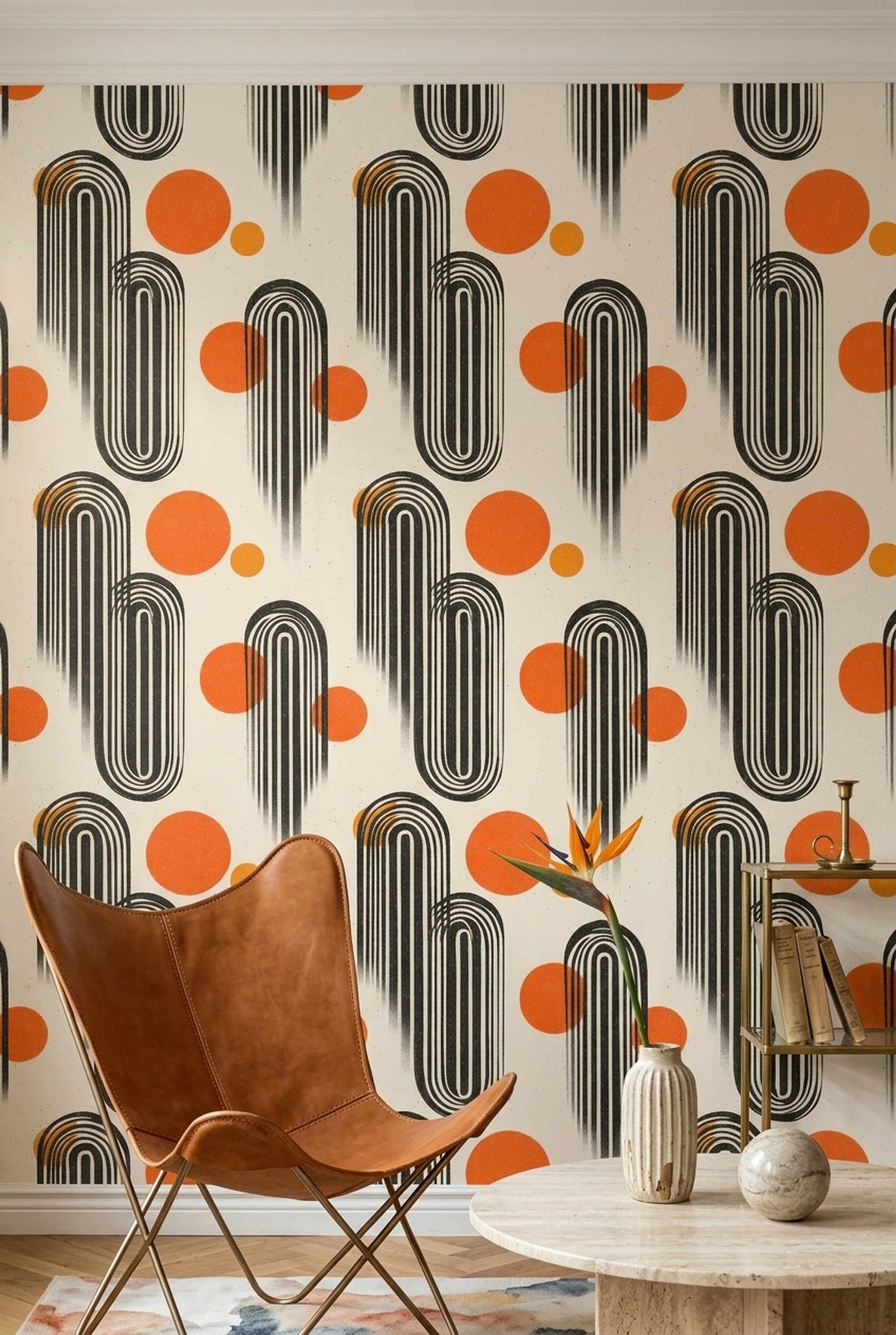 Geometrik Retro Duvar Kağıdı Turuncu Siyah Salon Desenli