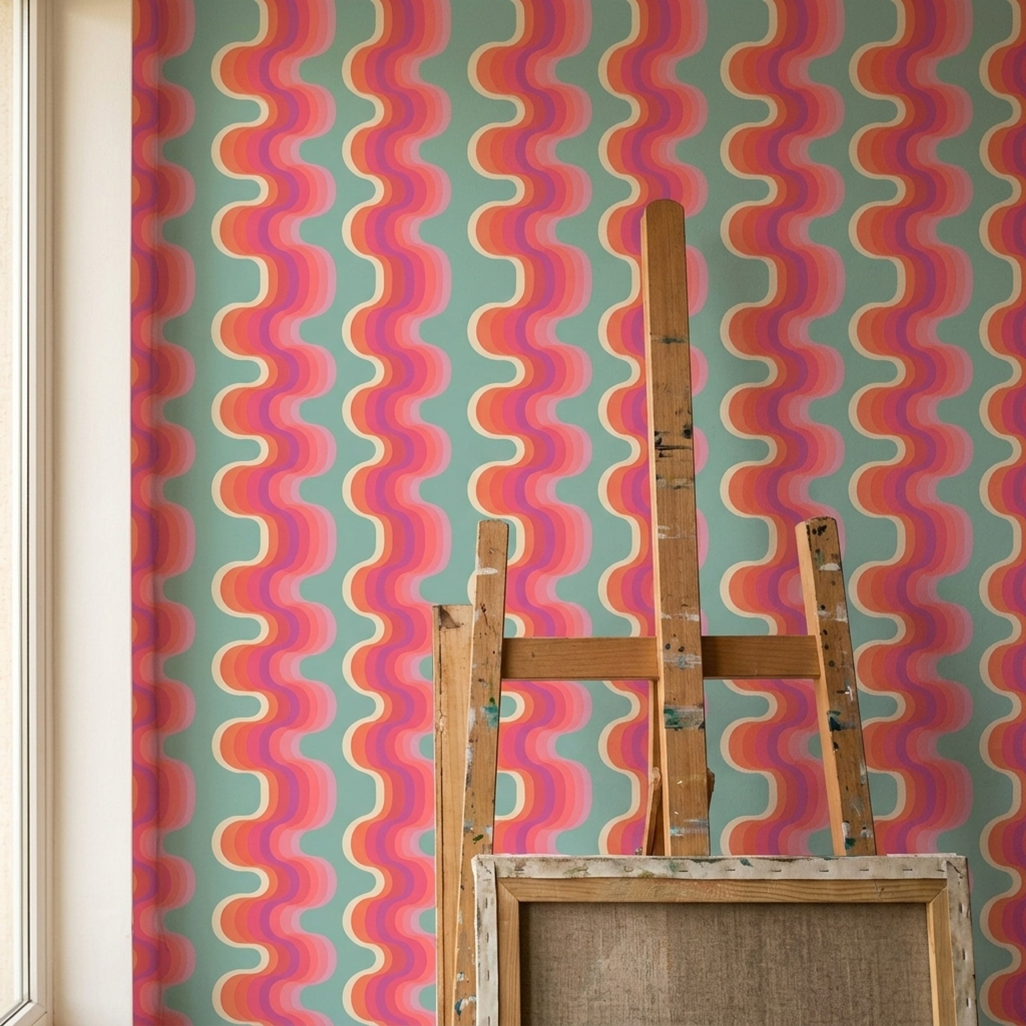 Retro Dalgalı Geometrik Duvar Kağıdı Turkuaz Pembe Desenli