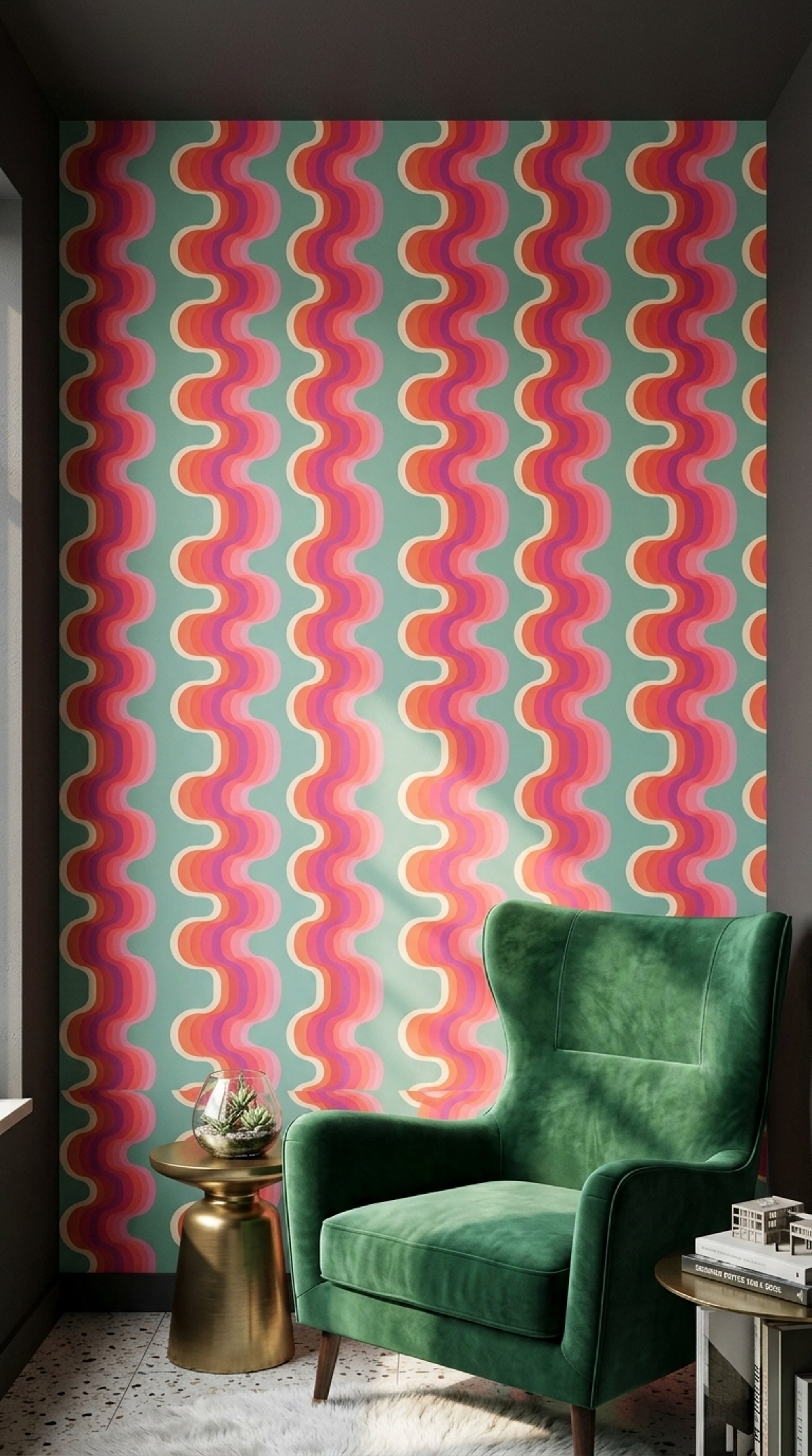 Retro Dalgalı Geometrik Duvar Kağıdı Turkuaz Pembe Desenli