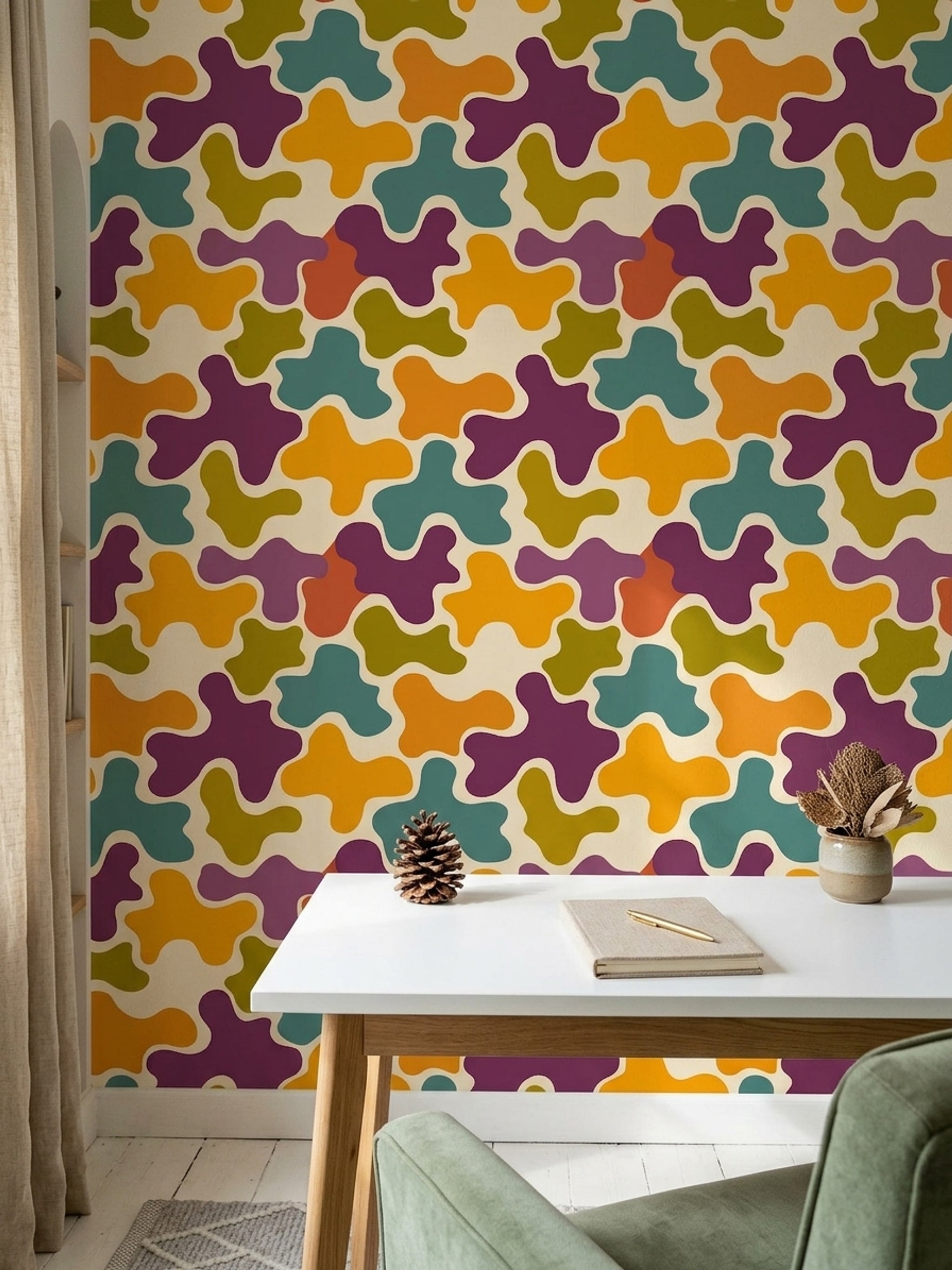 Retro Geometrik Duvar Kağıdı Renkli Desenli Salon Dekoru