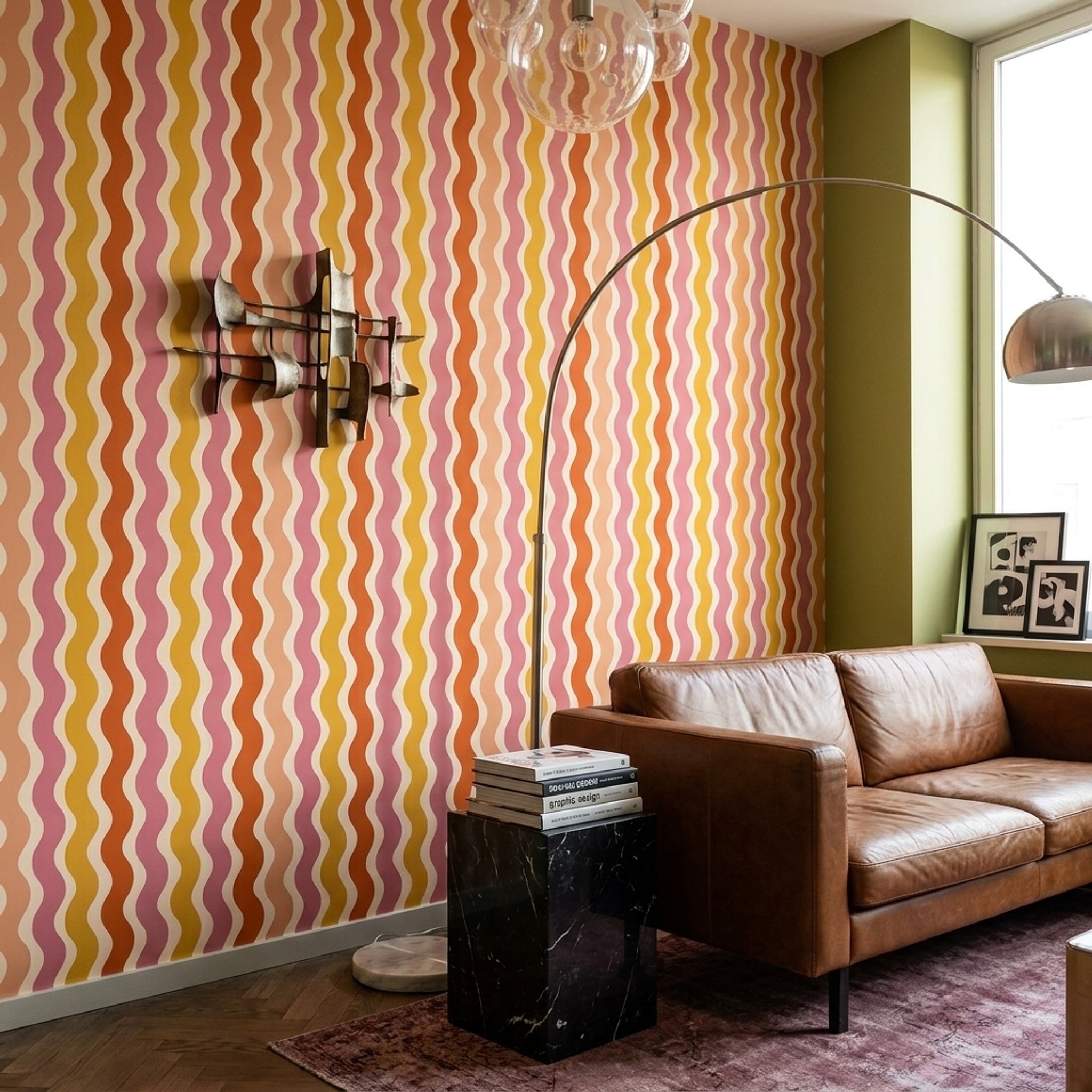 Retro Dalgalı Çizgili Duvar Kağıdı Sarı Turuncu Salon