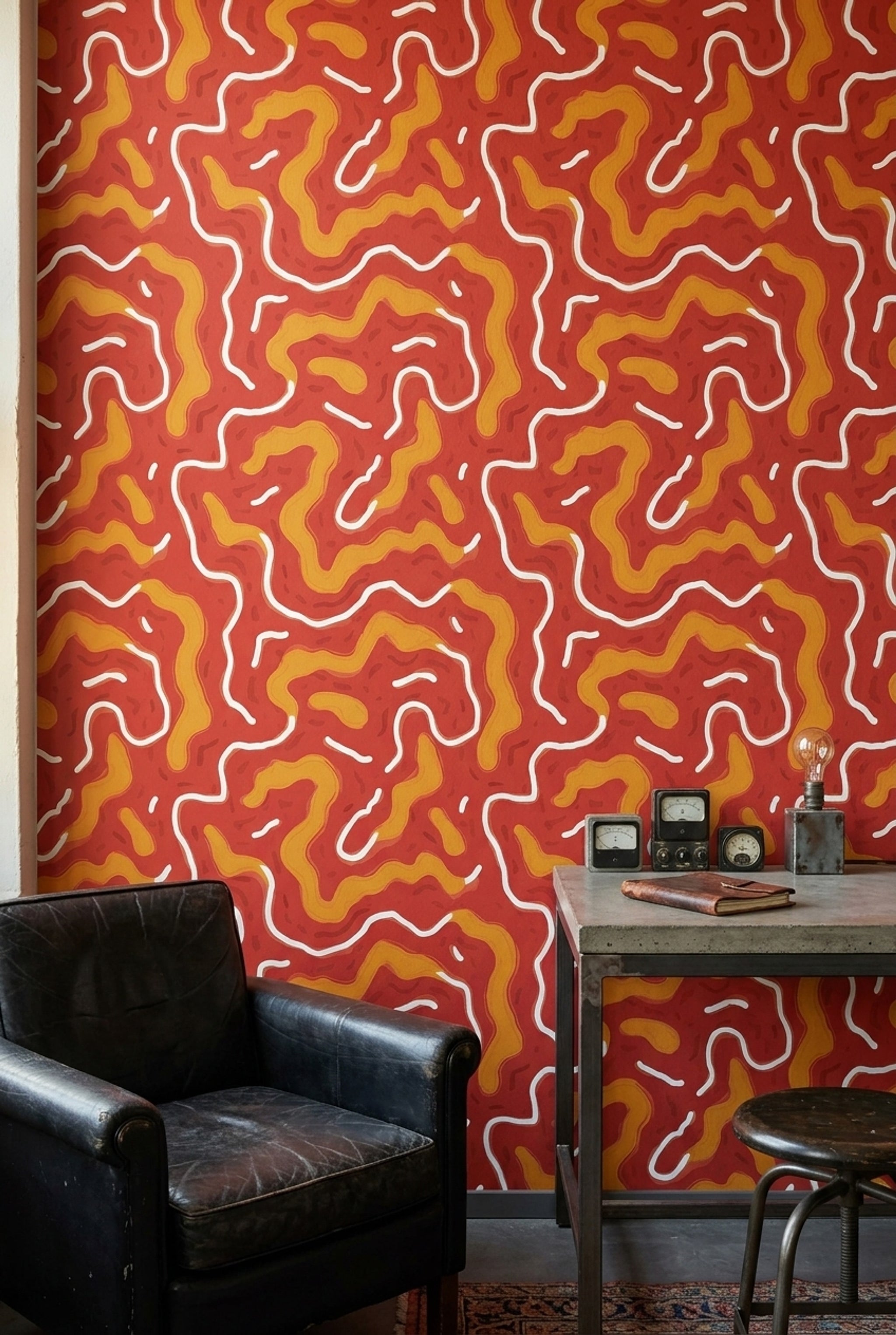Dalgalı Soyut Desenli Duvar Kağıdı Kırmızı Sarı Modern