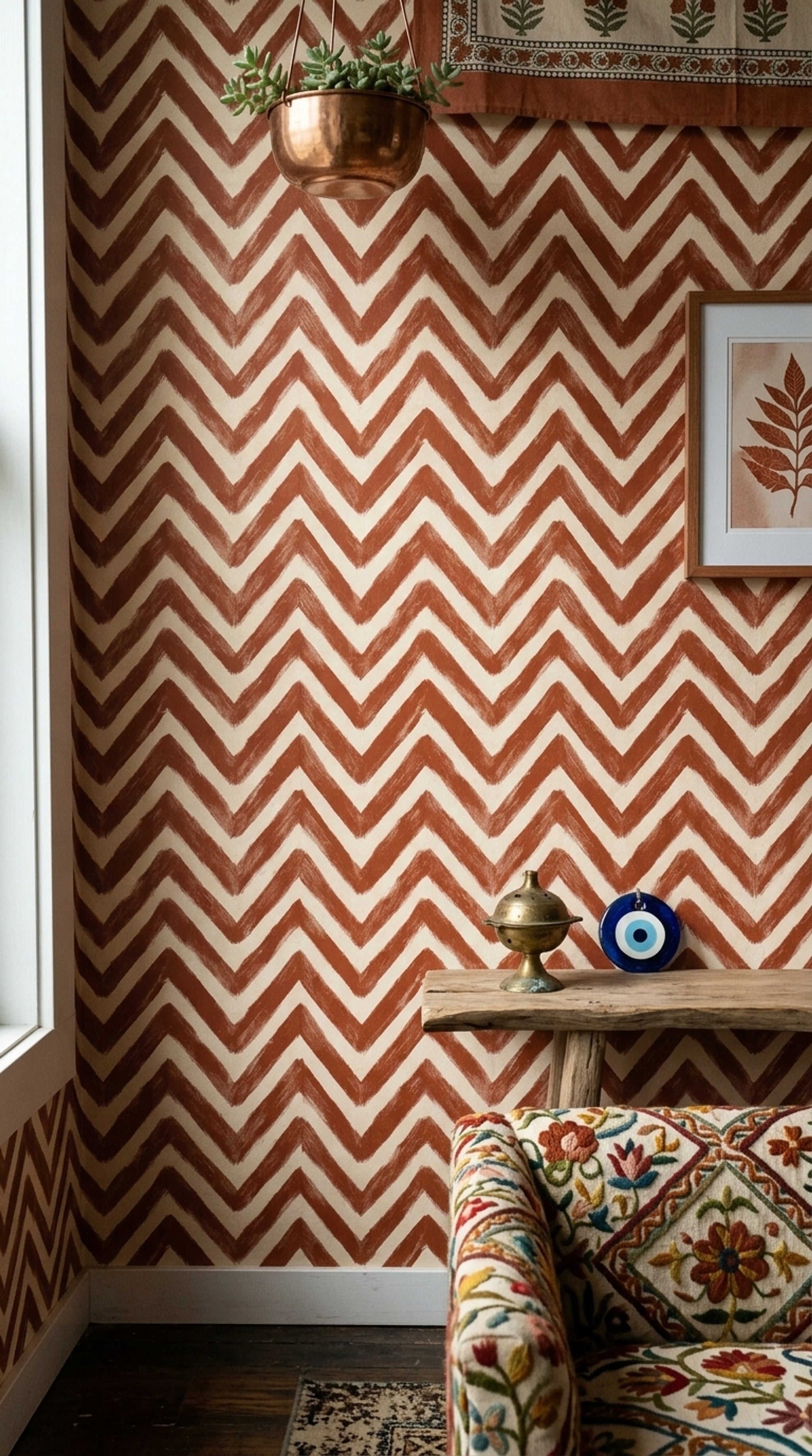 Zikzak Desenli Duvar Kağıdı Kiremit Renk Modern Salon
