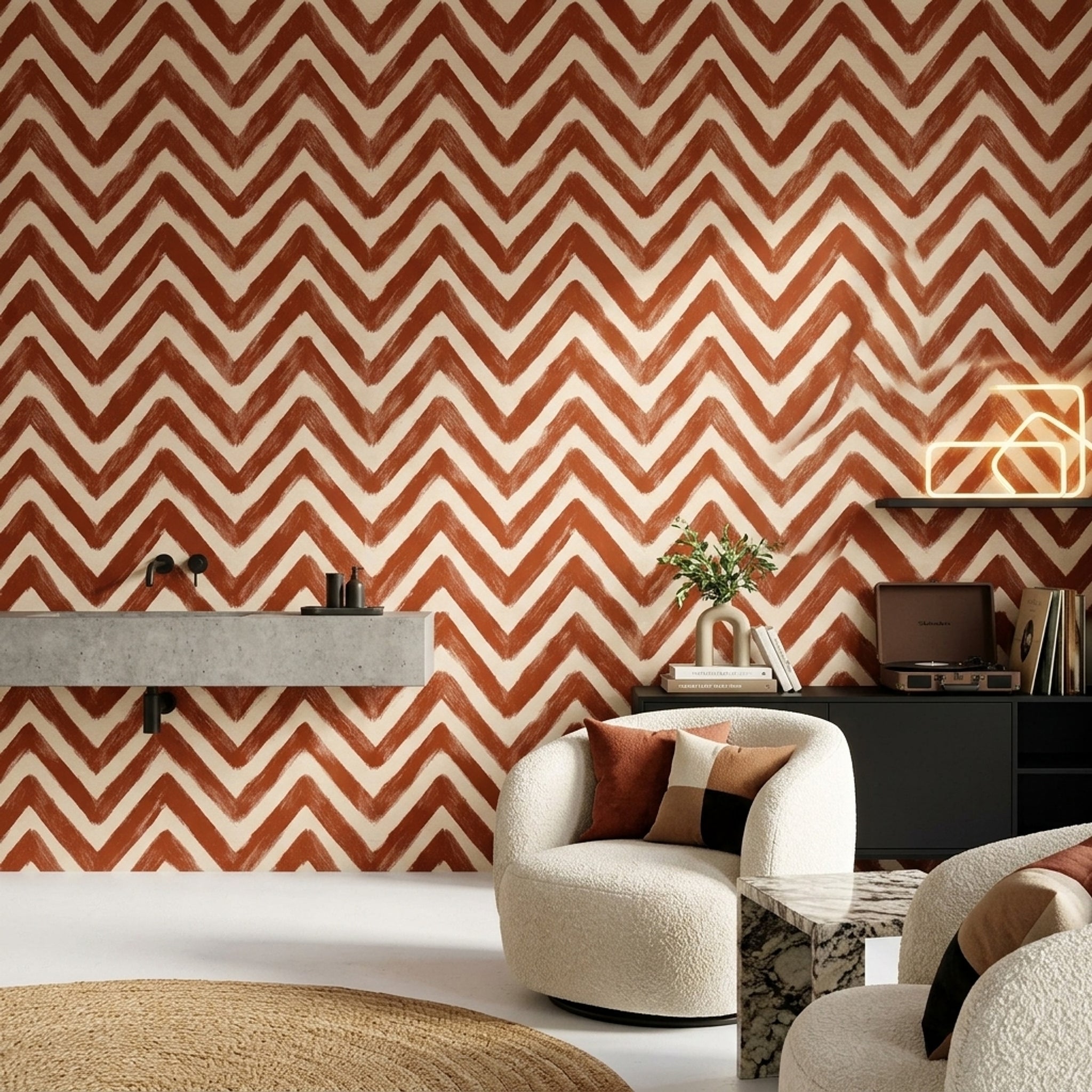 Zikzak Desenli Duvar Kağıdı Kiremit Renk Modern Salon