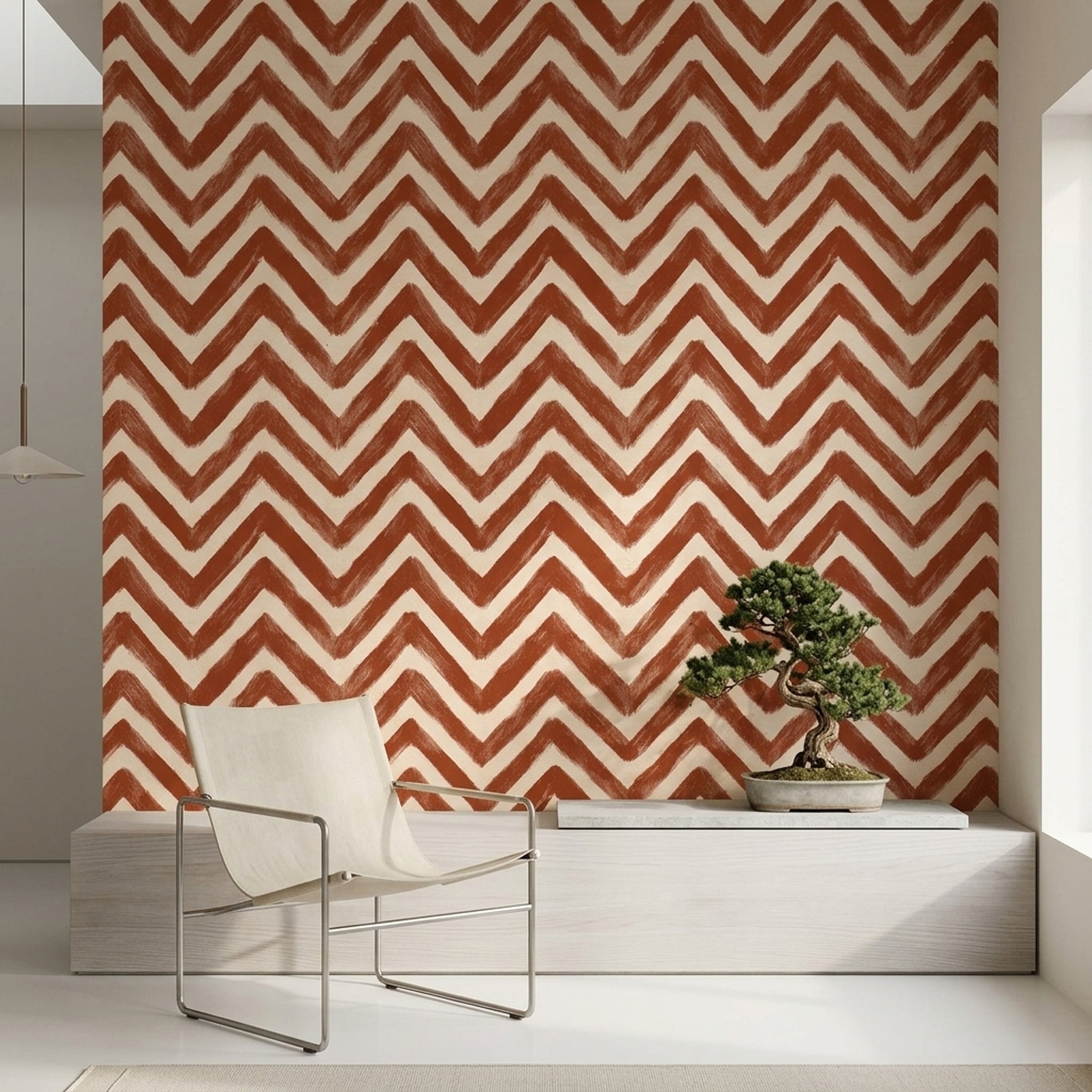 Zikzak Desenli Duvar Kağıdı Kiremit Renk Modern Salon