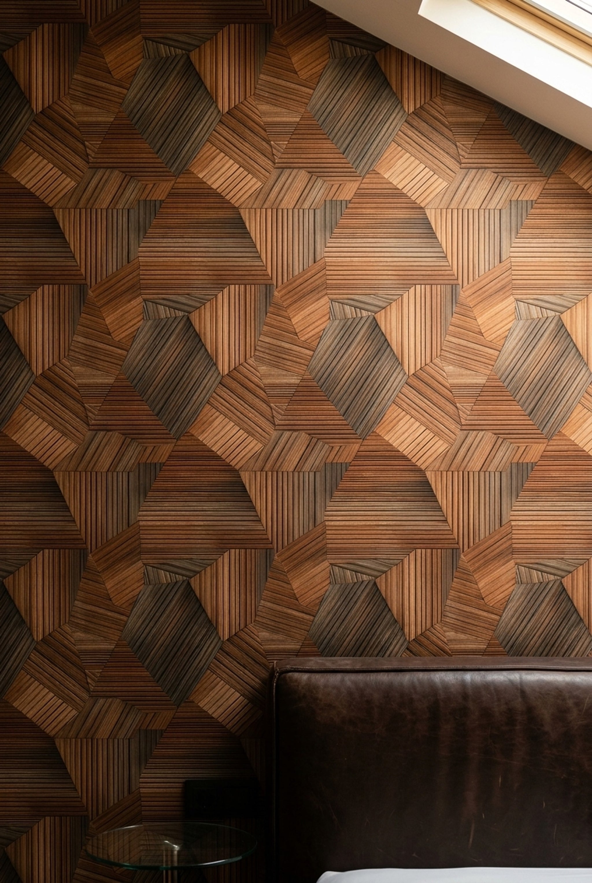 Geometrik Ahşap Görünümlü Duvar Kağıdı Kahverengi Salon Duvarı