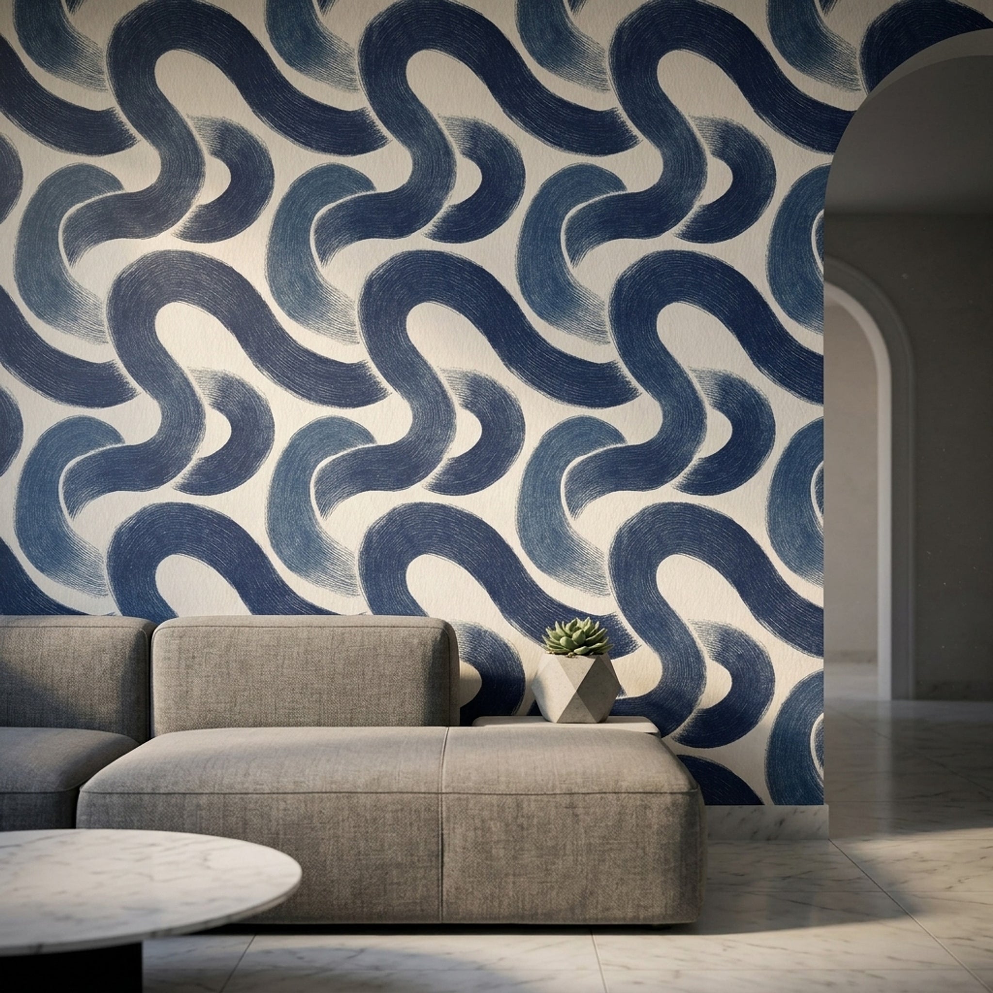Mavi Dalga Desenli Duvar Kağıdı Modern Salon Dekoru