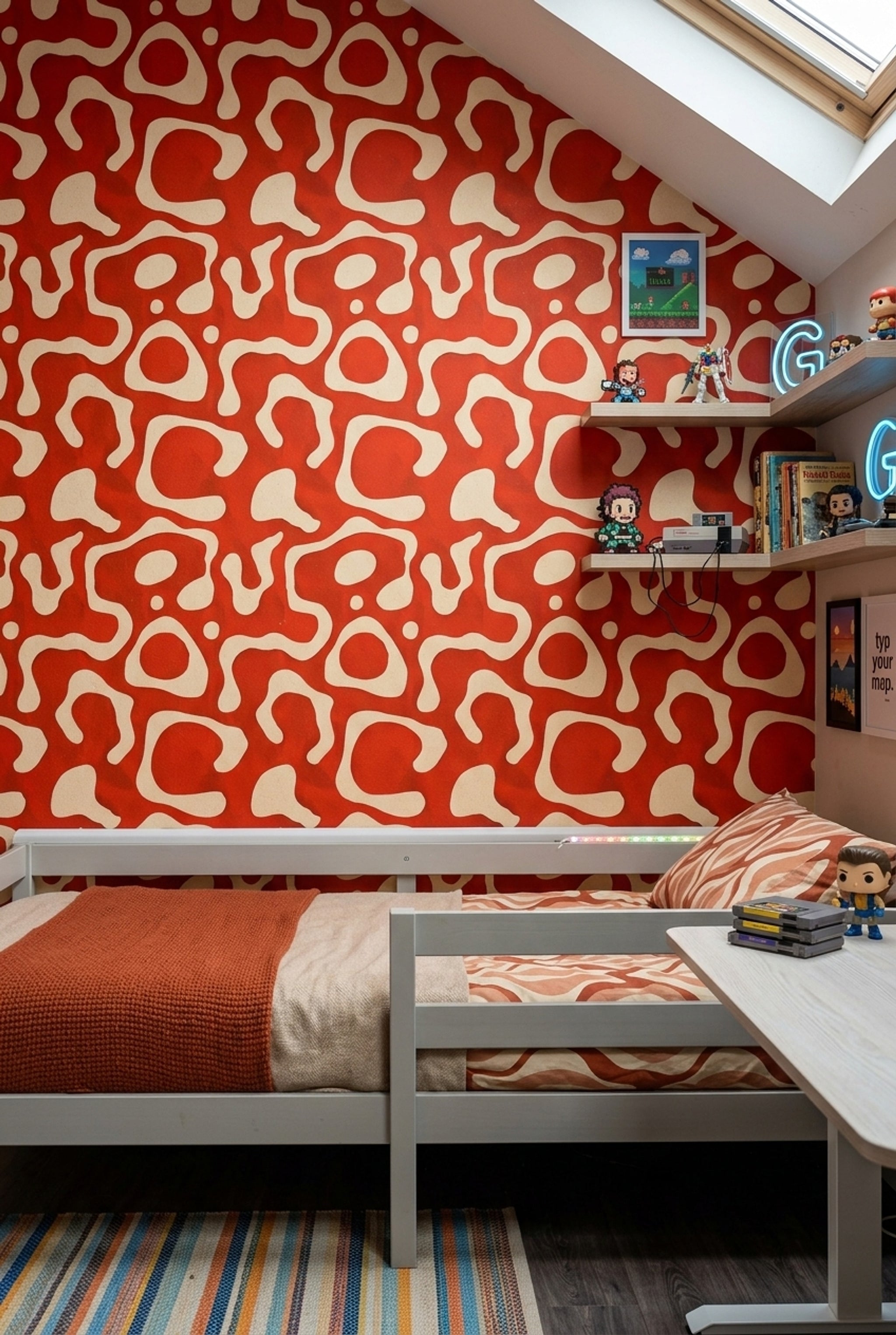 Retro Geometrik Duvar Kağıdı Kırmızı Krem Salon Desenli