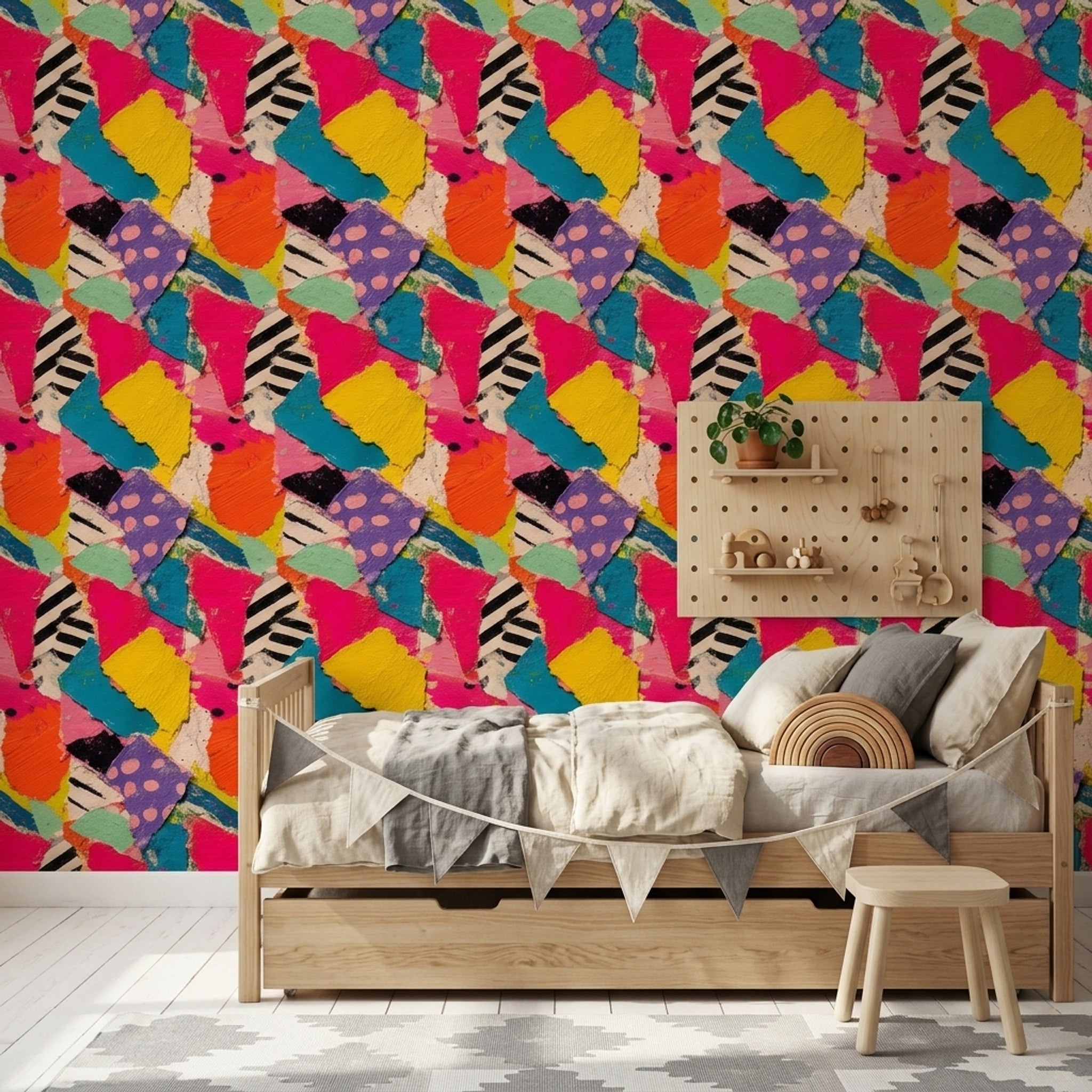 Renkli Soyut Kolaj Duvar Kağıdı Geometrik Desenli Çocuk Odası