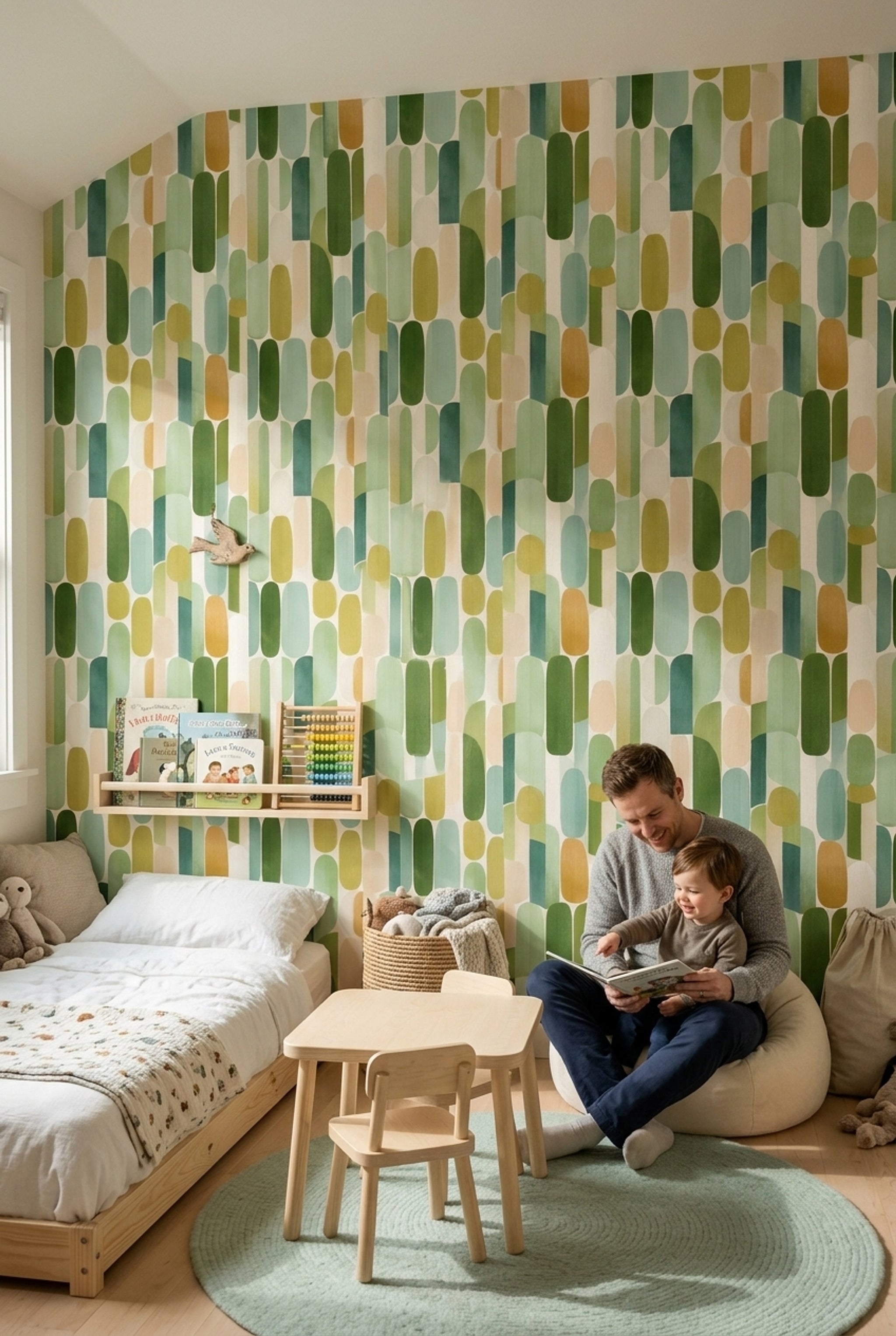 Retro Geometrik Duvar Kağıdı Yeşil Oval Desenli Salon