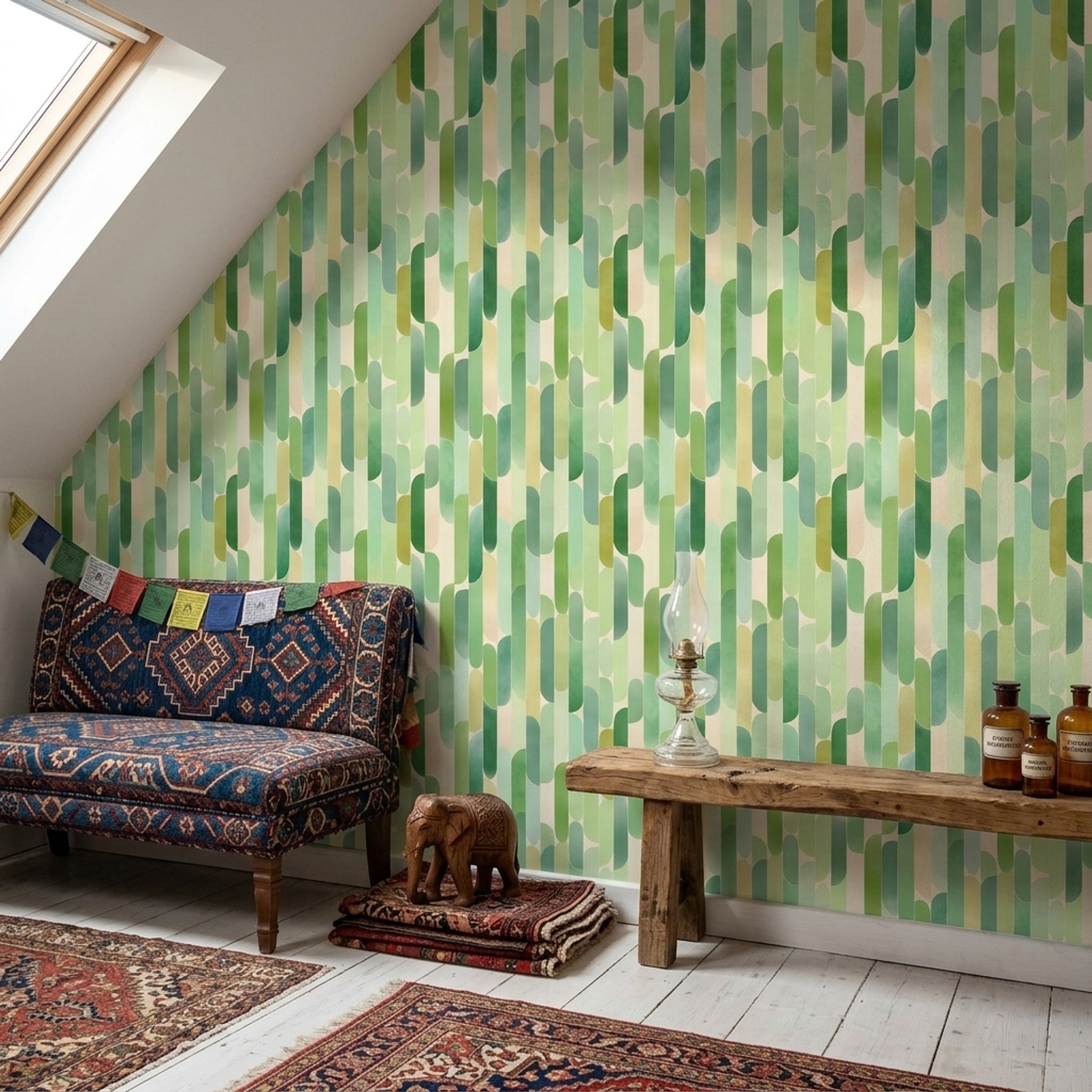 Yeşil Geometrik Duvar Kağıdı Modern Retro Desenli Salon