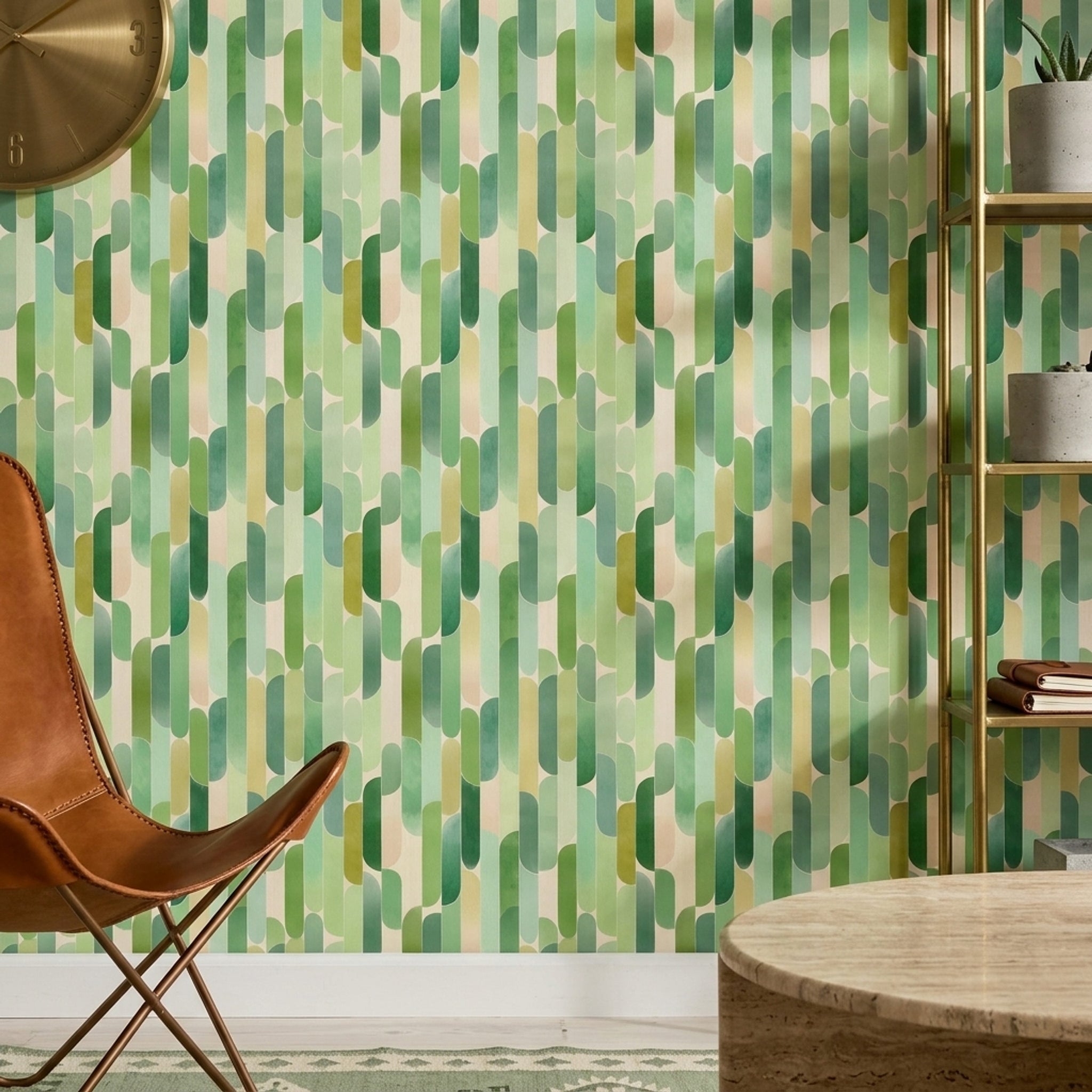 Yeşil Geometrik Duvar Kağıdı Modern Retro Desenli Salon