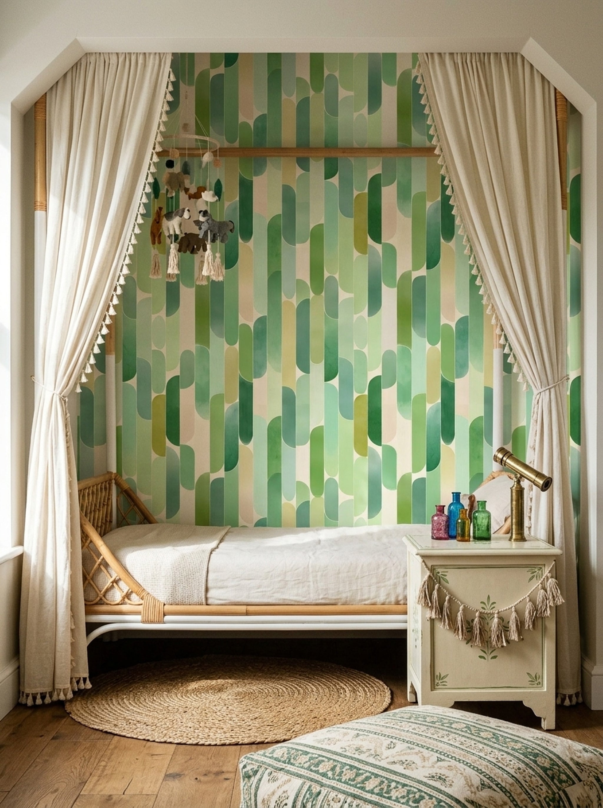Yeşil Geometrik Duvar Kağıdı Modern Retro Desenli Salon