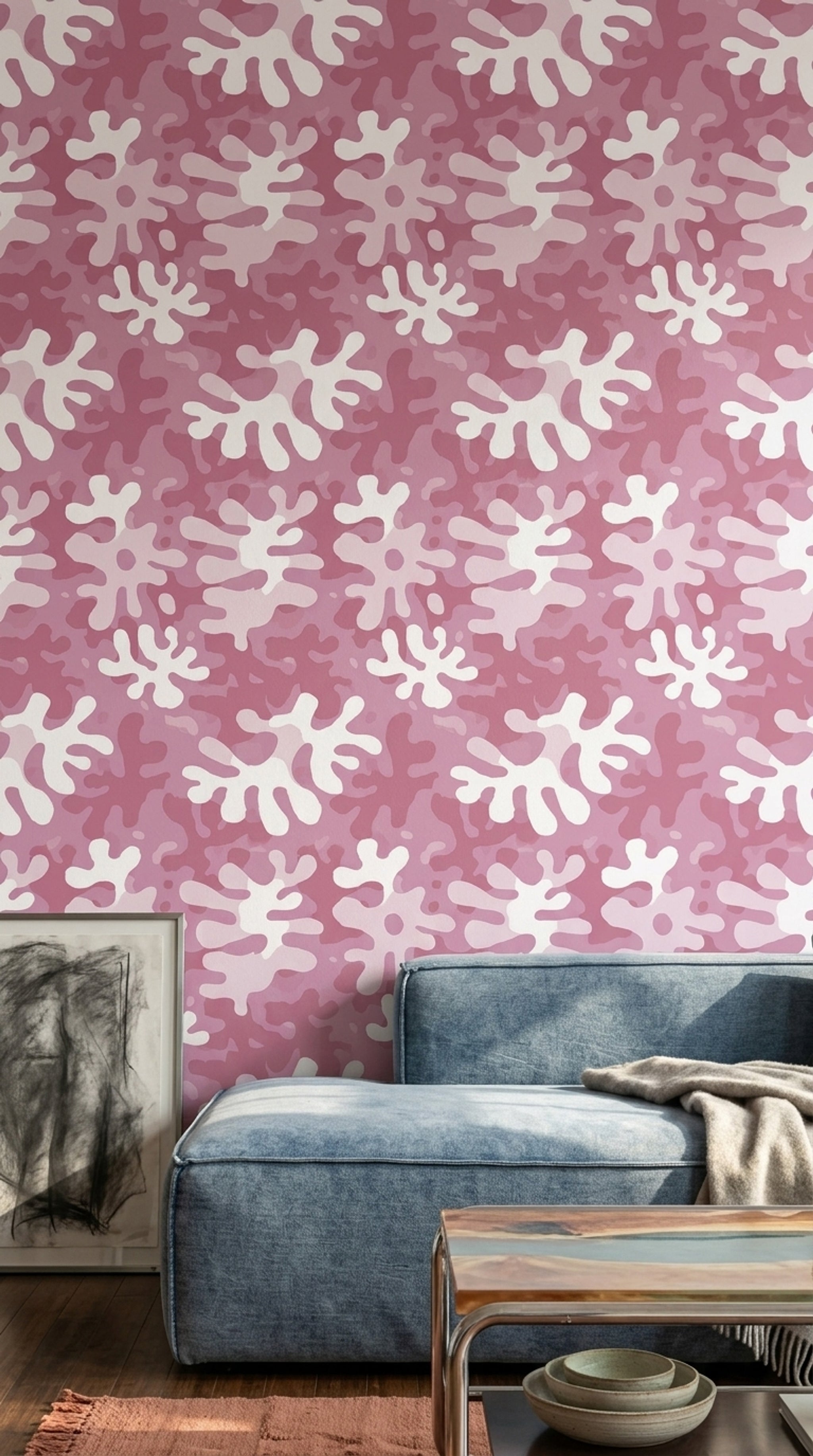 Pembe Kamuflaj Desenli Duvar Kağıdı Modern Salon Dekoru