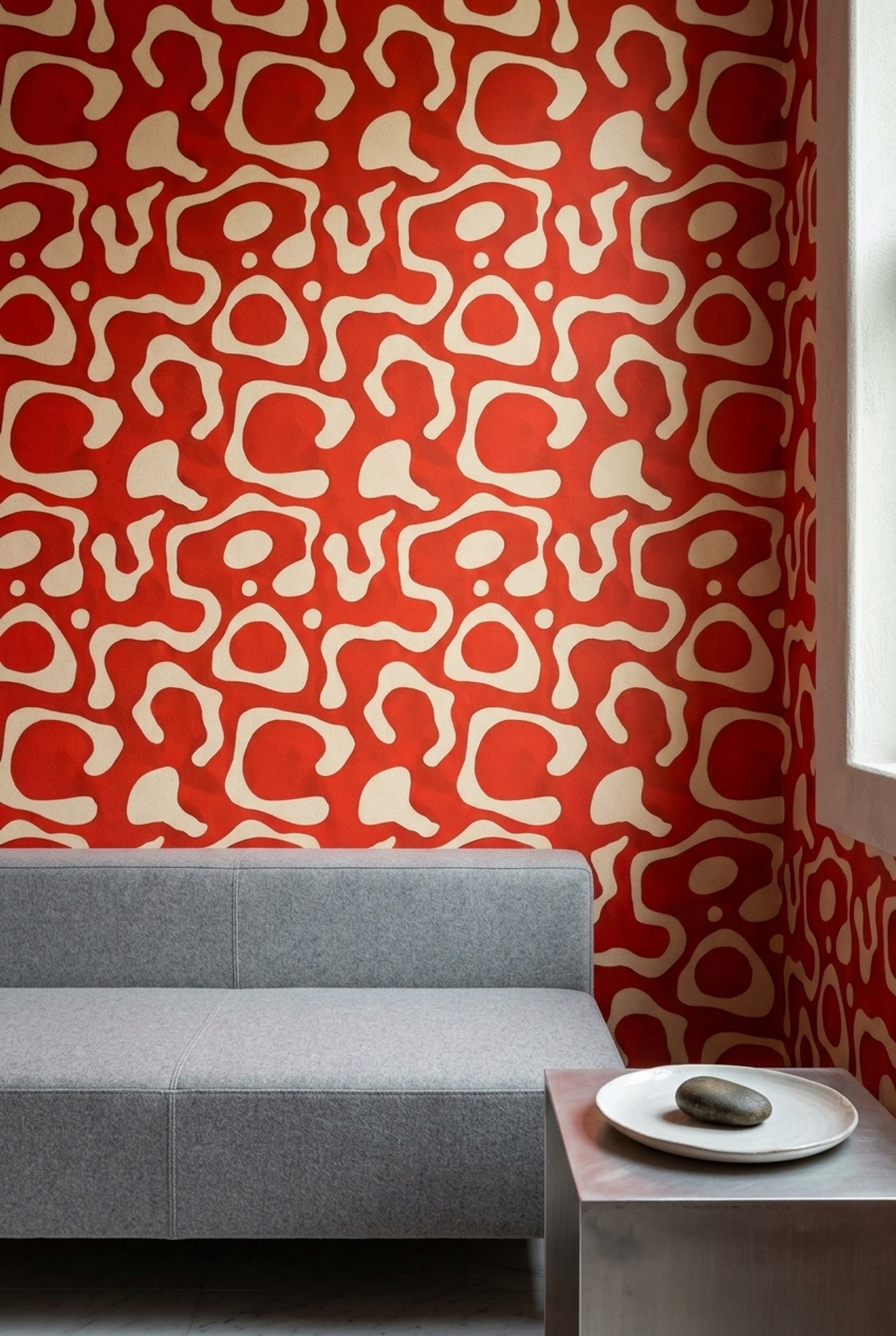 Retro Geometrik Duvar Kağıdı Kırmızı Krem Salon Desenli