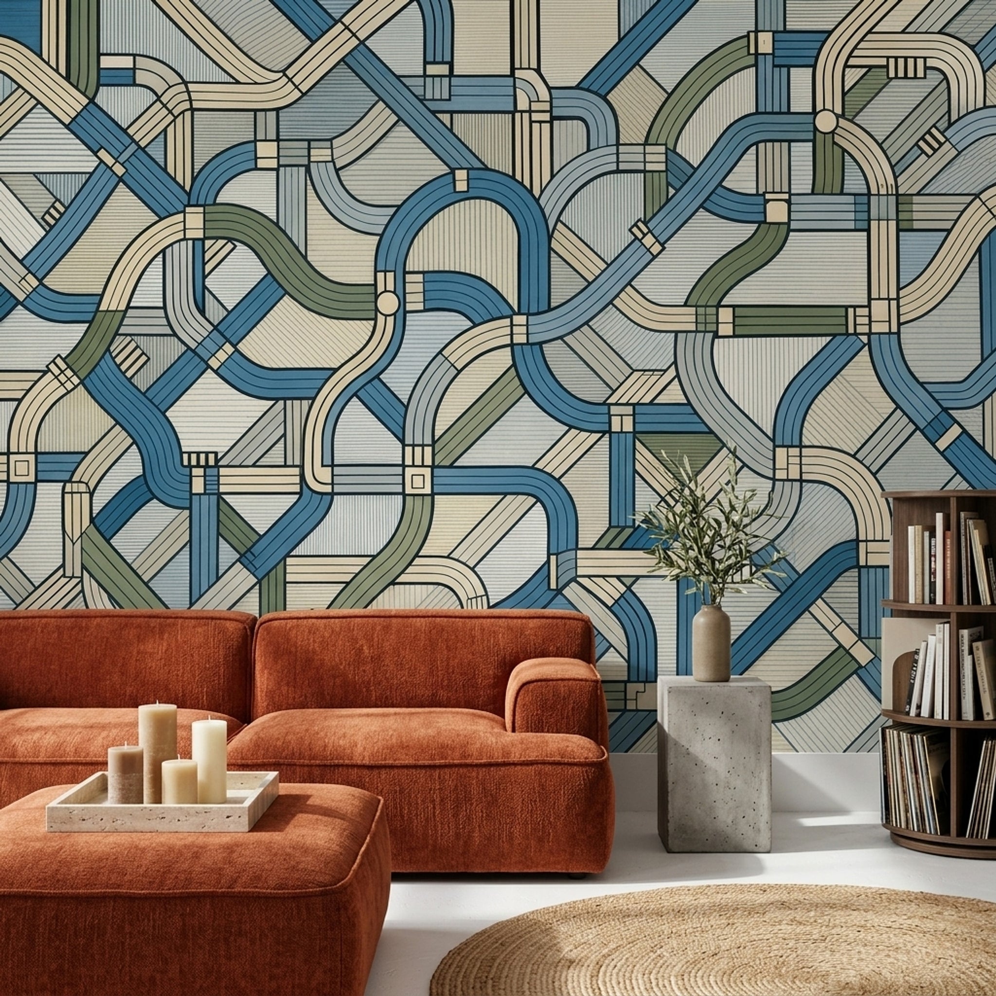 Geometrik Şeritli Poster Duvar Kağıdı Mavi Yeşil Modern Salon
